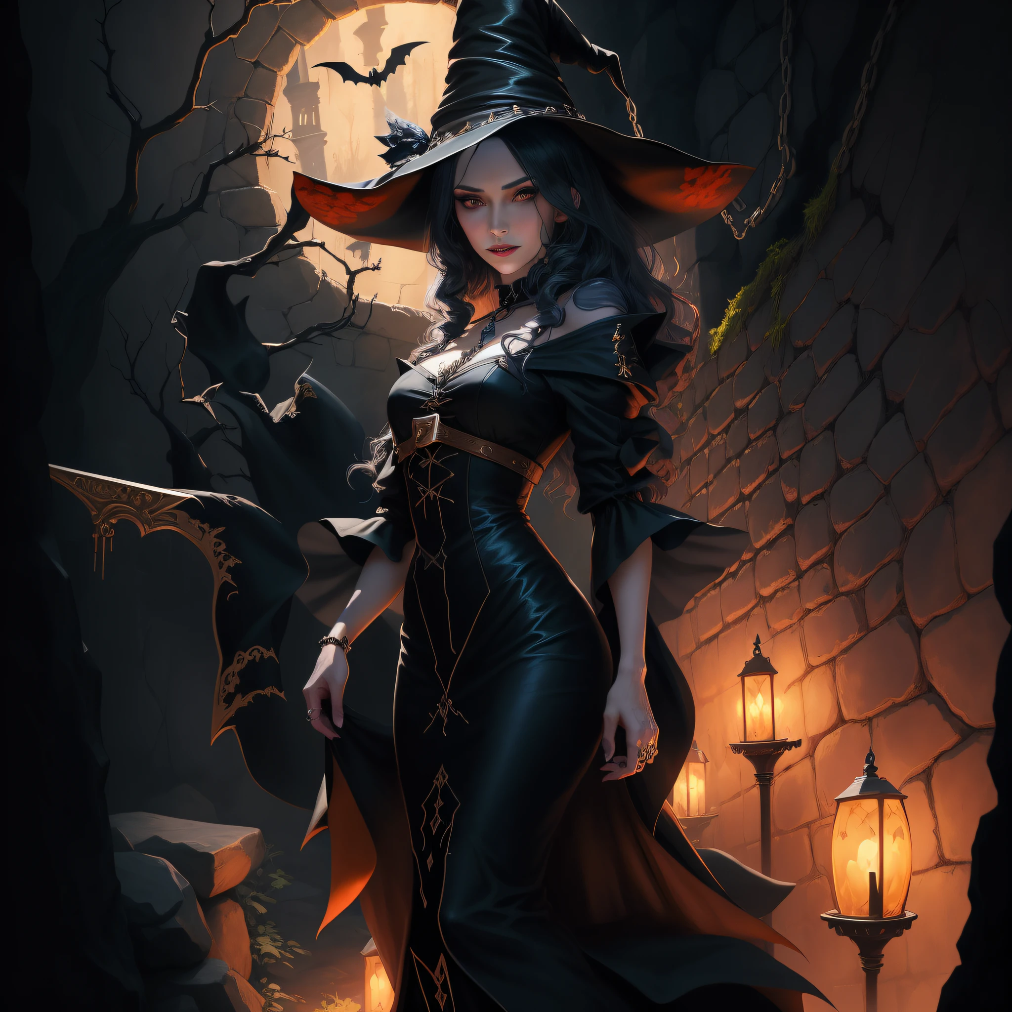 witch in a black dress and hat standing in front of a stone wall, fashionable dark witch, bright witch, extremely detailed artgerm, halloween art style, beautiful witch female, a beautiful sorceress, beautiful sorceress, classical witch, pretty sorceress, castlevania witch, portrait of a witch, ! dream artgerm, style artgerm