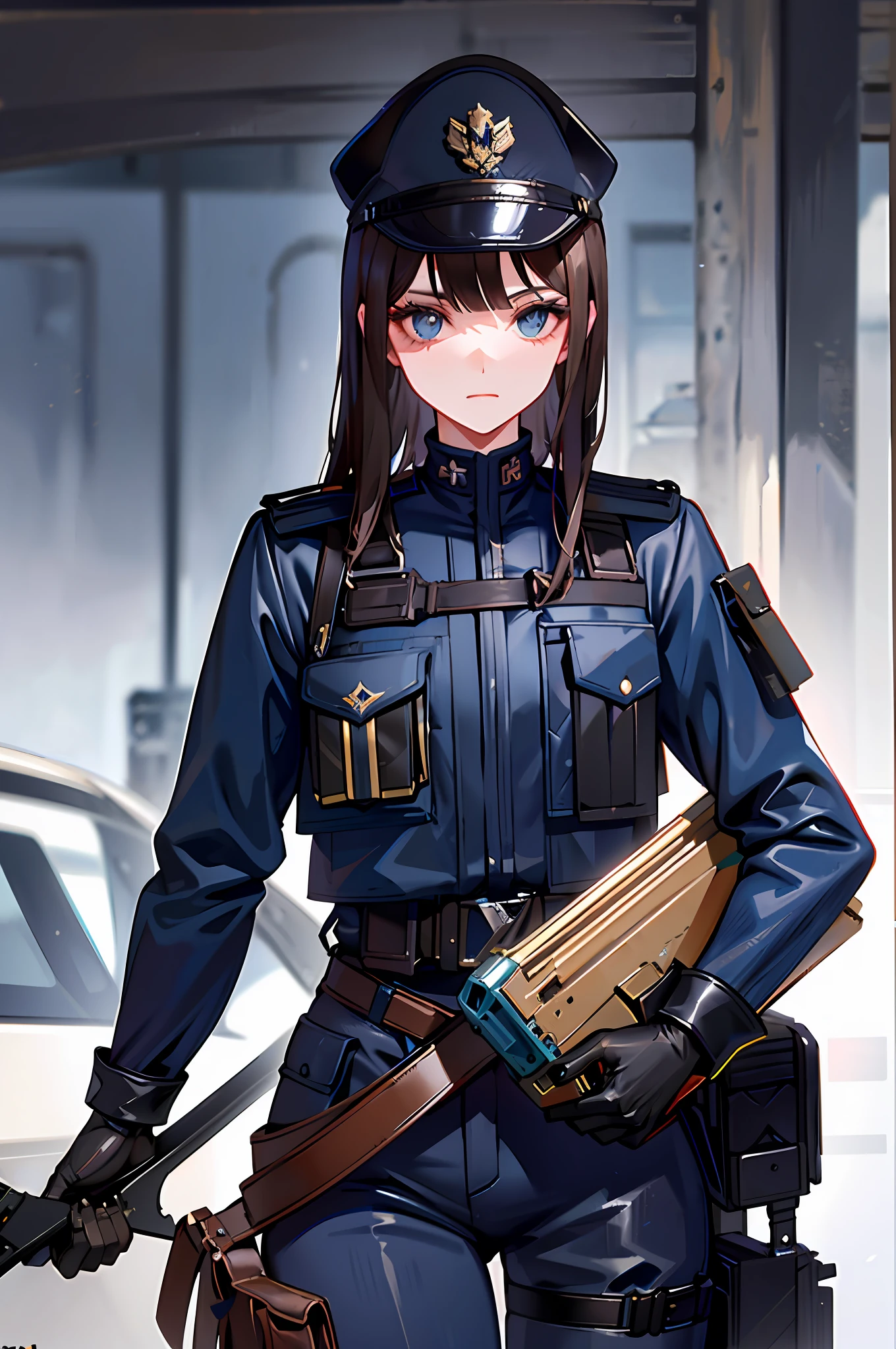 1 Beauty, 18 years old, semi-long, brown hair, gendarmerie, wearing a dark blue military helmet, dark blue combat uniform, dark blue pants, black bulletproof vest, holding an automatic rifle in hand, urban area, urban combat, sense of urgency, Molotov cocktails burning in the back.