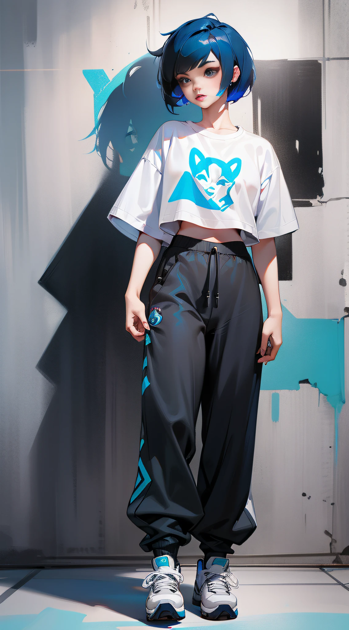 a woman with short blue hair and black lipstick, inspired by Overwatch's Leng Mei, d. va, in a wide white T-shirt, black baggy sweatpants, and full-body white high-top sneakers