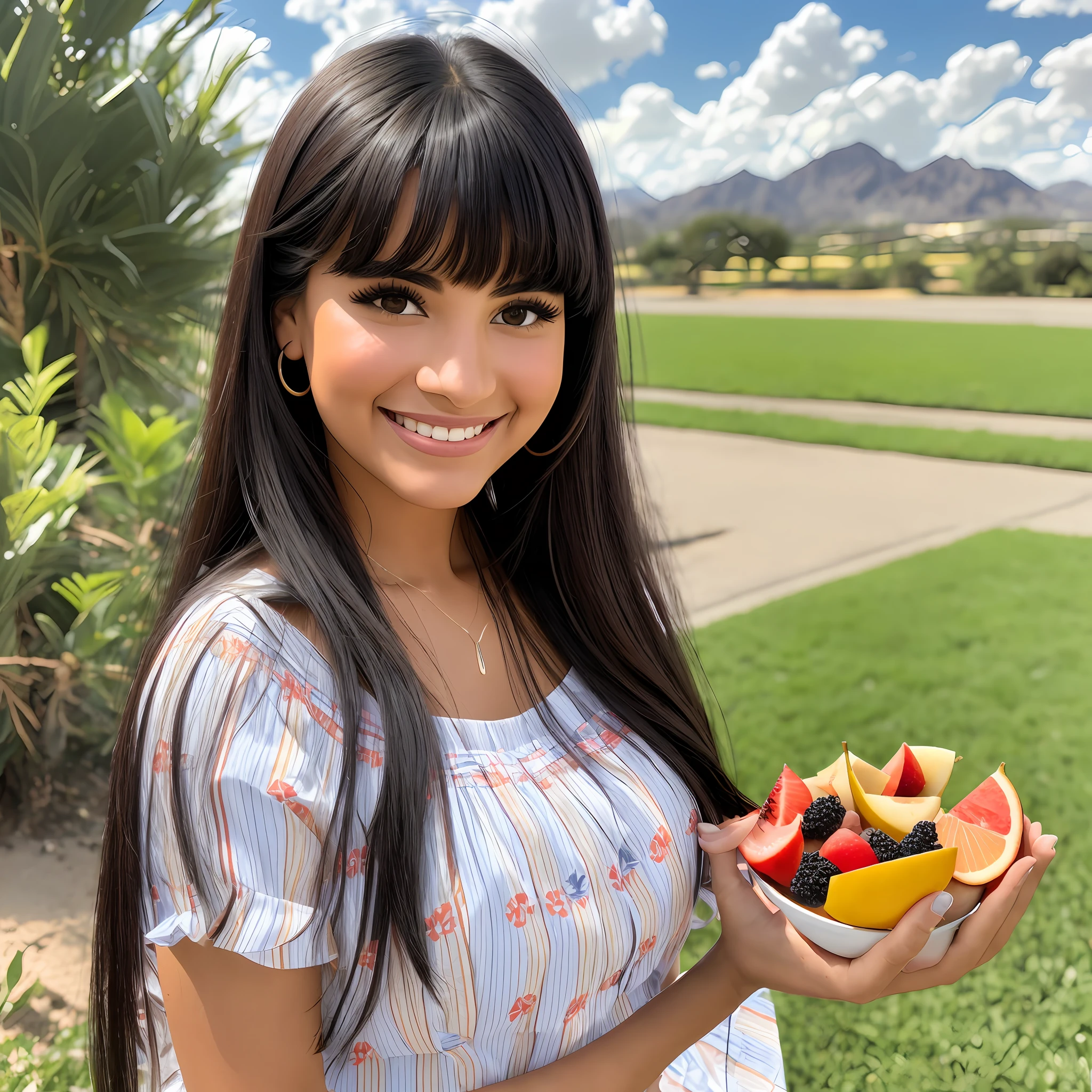 a cheerful Latina woman, bangs, black hair, holding a bowl fruit salad, brown eyes, ultra realistic photography, 10k, cloud, day, long hair, looking to the side, outdoors, lips parted, salad, sky, soil, upper body --auto --s2