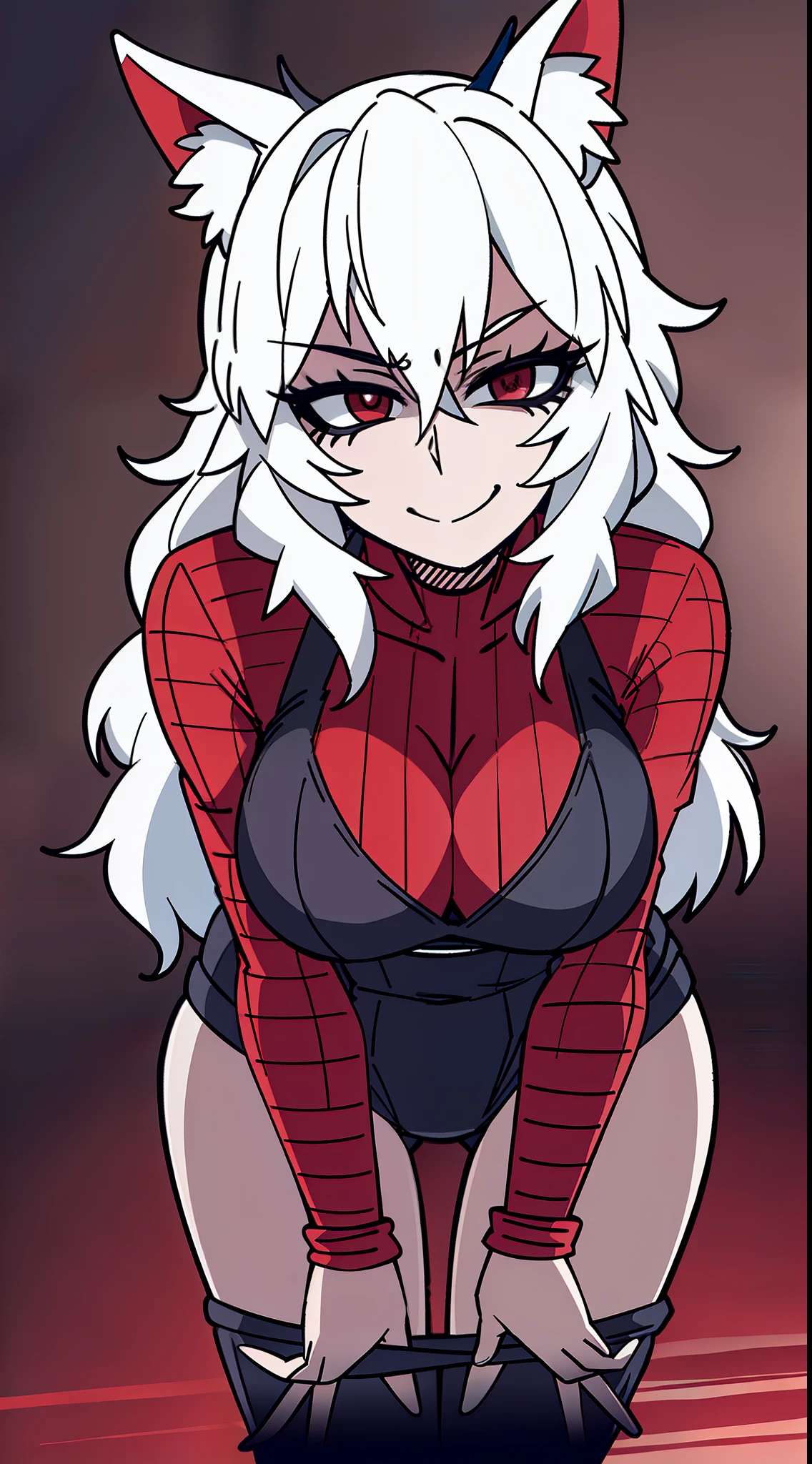 1girl, look at viewer, cute, big breast, black leotard, Fox ears, Fox tail, Fishnet stockings, full body, embarrassed smile, half-closed eyes, bedroom, Helltaker, detailed lighting, detailed body, detailed hair, detailed, masterpiece, messy long hair, white hair, red eyes, glowing eyes, night, extremely detailed, extremely detailed legs, extremely detailed arms, extremely detailed face, perfectly detailed eyes, perfectly detailed anatomy, bent over, leaning forward