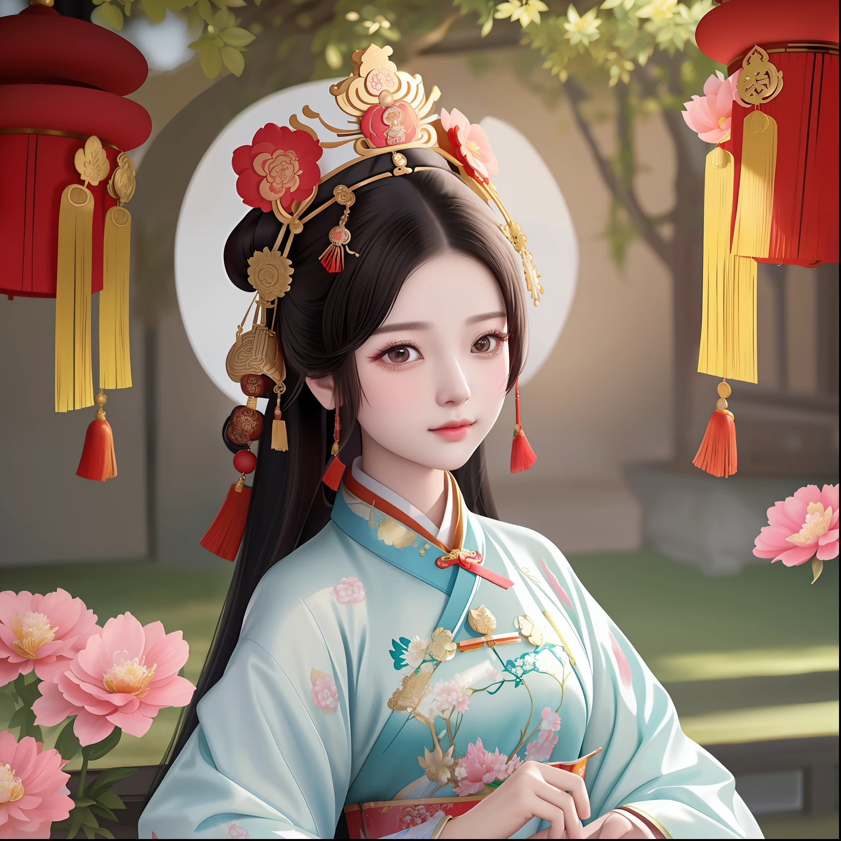 a close up of a woman wearing a tia with a flowered headpiece, traditional chinese, chinese princess, palace ， a girl in hanfu, chinese style, traditional beauty, hanfu, with ancient chinese aesthetic, ancient chinese princess, wearing ancient chinese clothes, traditional female hairstyles, ancient china art style, chinese girl, ((a beautiful fantasy empress))