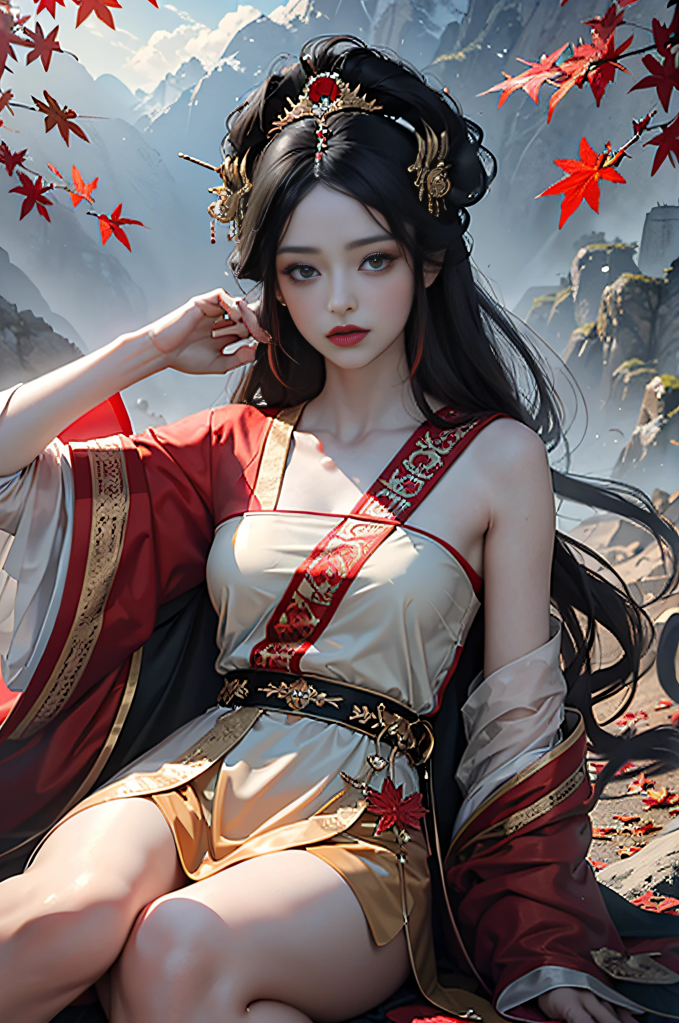 Official Art, Unity 8k wallpaper, super detailed, beautiful, beautiful, masterpiece, best quality, mystery, romanticism, horror, literature, art, fashion, Tang dynasty era, decoration, intricate, embroidery, red hanfu, red tulle coat, 1 girl, black hair, red headband, red hairpin, sad, fatalistic, bust composition, dramatic composition, movie lighting, dynamic perspective, sexy, nudity, full of temptation, red maple forest, maple leaves falling, red maple background, cloudy fog, dramatic composition,