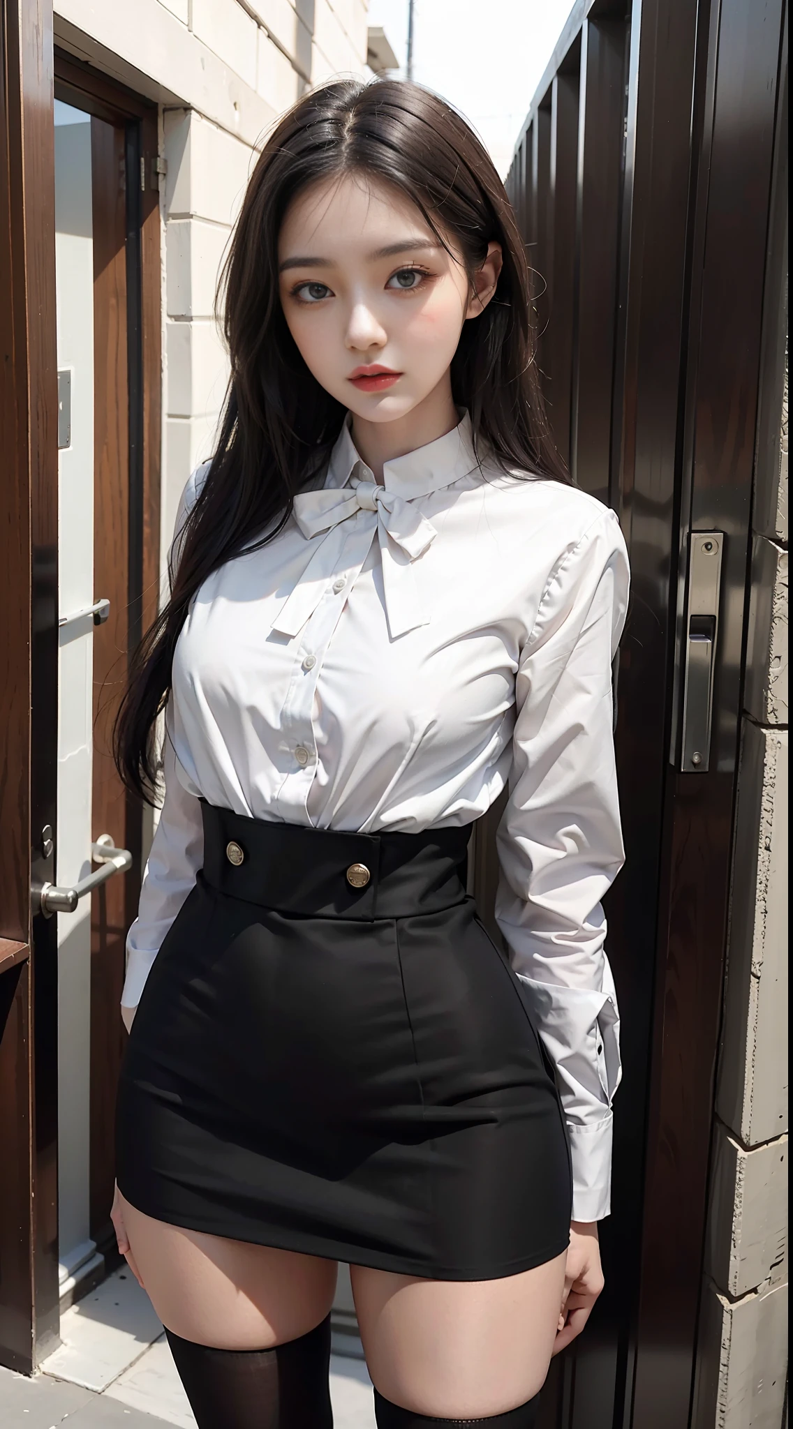 Best Quality, Full Body Portrait, Exquisite Face, Beautiful Face, Big Eyes: 1.1, Makeup: 1.2, 25 Years Old Woman, Slim Body, Small Bust, OL Uniform, Women's White Collar Uniform, Office Uniform, Black Stockings, Outdoor Scene, Stand Posture