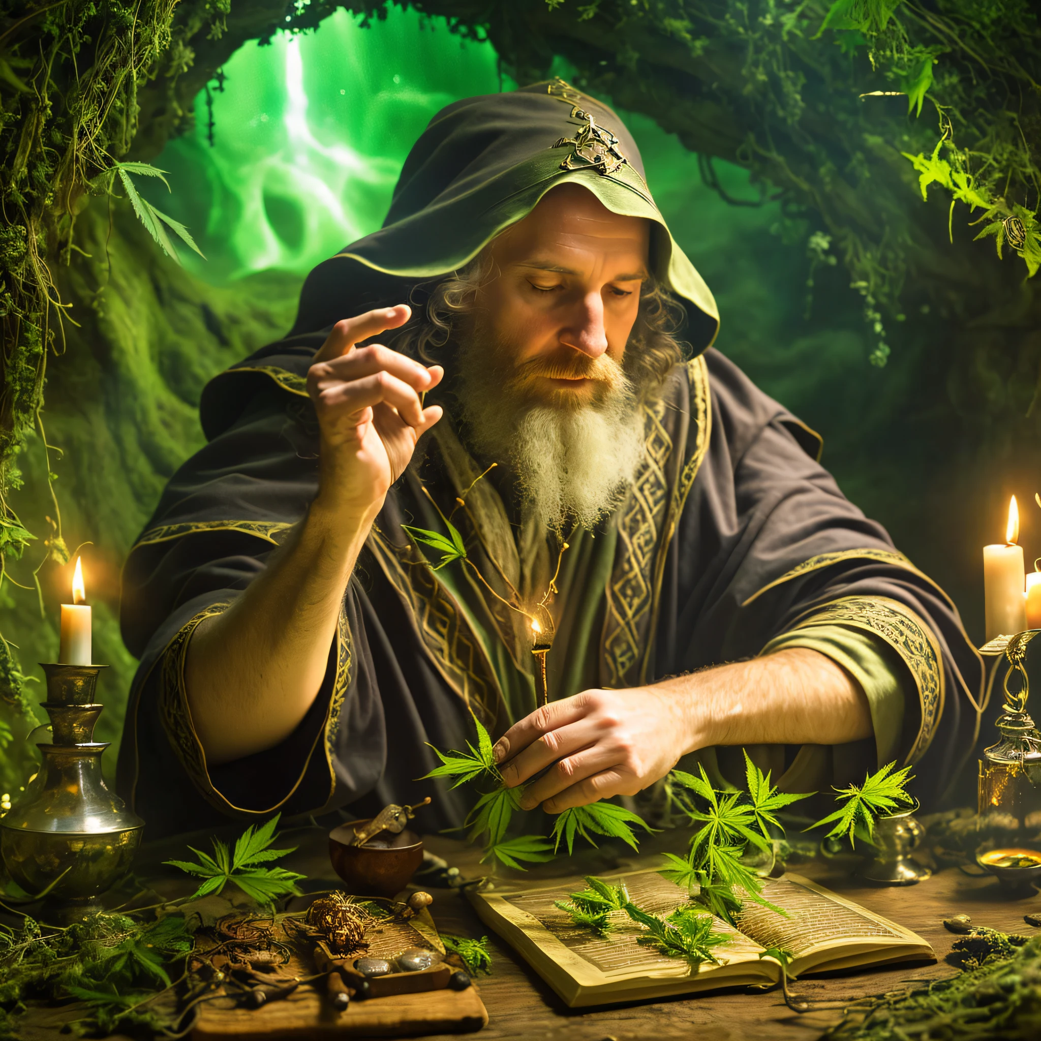 arafed man in a robe sitting at a table with a candle and a book, wizard casting a spell, wizard doing a tarot reading, spell casting wizard, an arcane wizard casting a spell, a druid, portrait of a forest mage, medieval alchemist in the dark, celtic druid, pensive wizard examining eggs, personification of marijuana, nature druid
