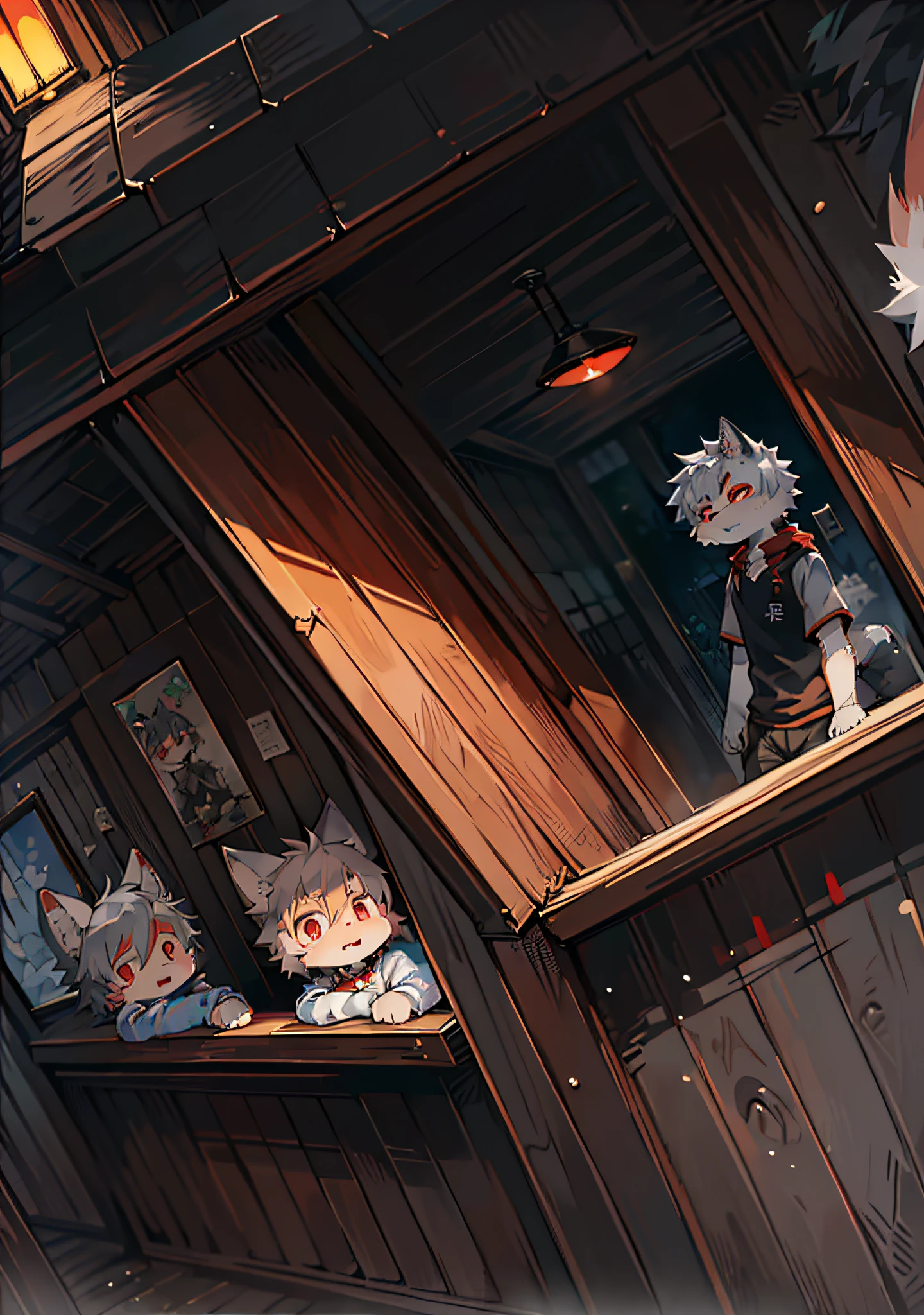 (Dark Environment: 0.8), Masterpiece, High Quality, Abstract Res, Digital Painting\(artwork\), by Dagasi, Yupa, Kiyosan, (Anthro, Fluffy Fur, Character Focus: 1.1), Anthro Male Cat, Short Hair, Portrait , bright eyes, panorama, character focus. (Detailed background: 0.7), Solo, Furry, Furry Male, Male Focus, Anthr, (Full Body Fur, Fluffy Tail, White Fur, Red Eyes, Gray Hair: 1.2), (Long Canids
