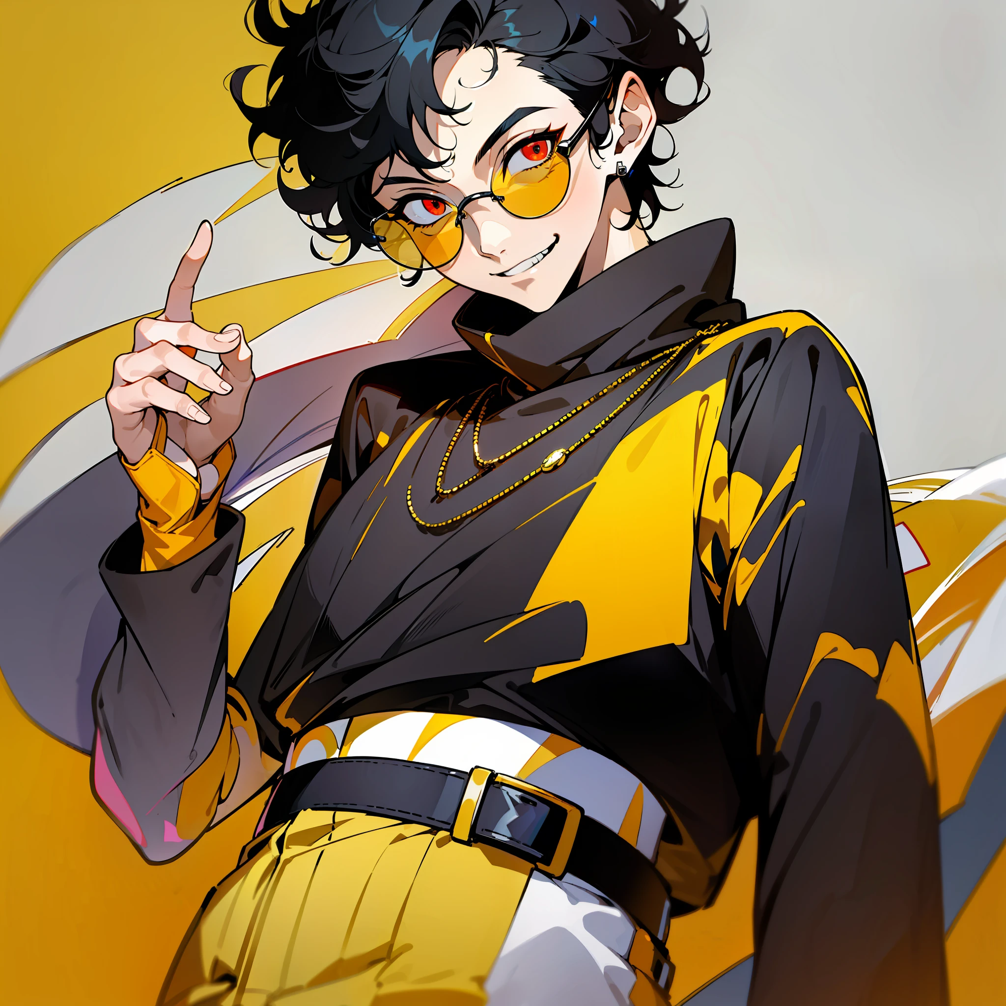 1 boy solo, close-up, determined eyes, black sweater, yellow pants with black belt, necklace around the neck, short black hair with white strands, curls, smile, red eyes, yellow sunglasses, (light facial features, detailed skin texture, beautiful face), white background, earrings, yellow leather, standing, masterpiece, top quality, best quality