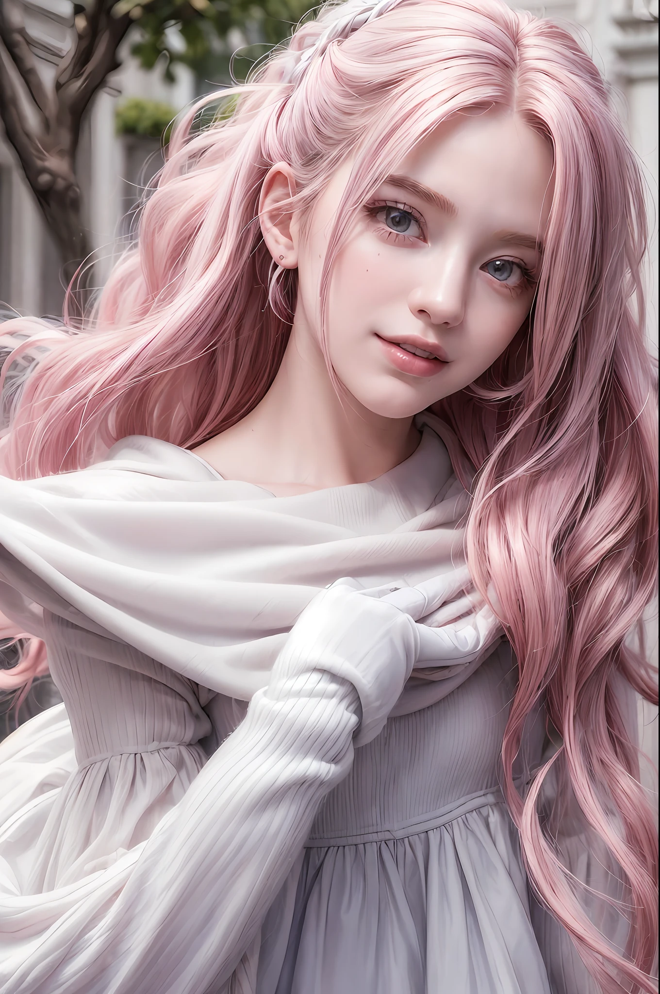 (masterpiece,realistic, best quality:1.4), excited girl, 1girl, she is pointing out a person to the right hand side, wavy medium pink hair, floating hair by wind blow, solo, white gloves, gloves, white teeth smile, looking at someone, medium breasts, pink hair, jewelry, long hair, detailed face and eyes, delicate and beautiful,