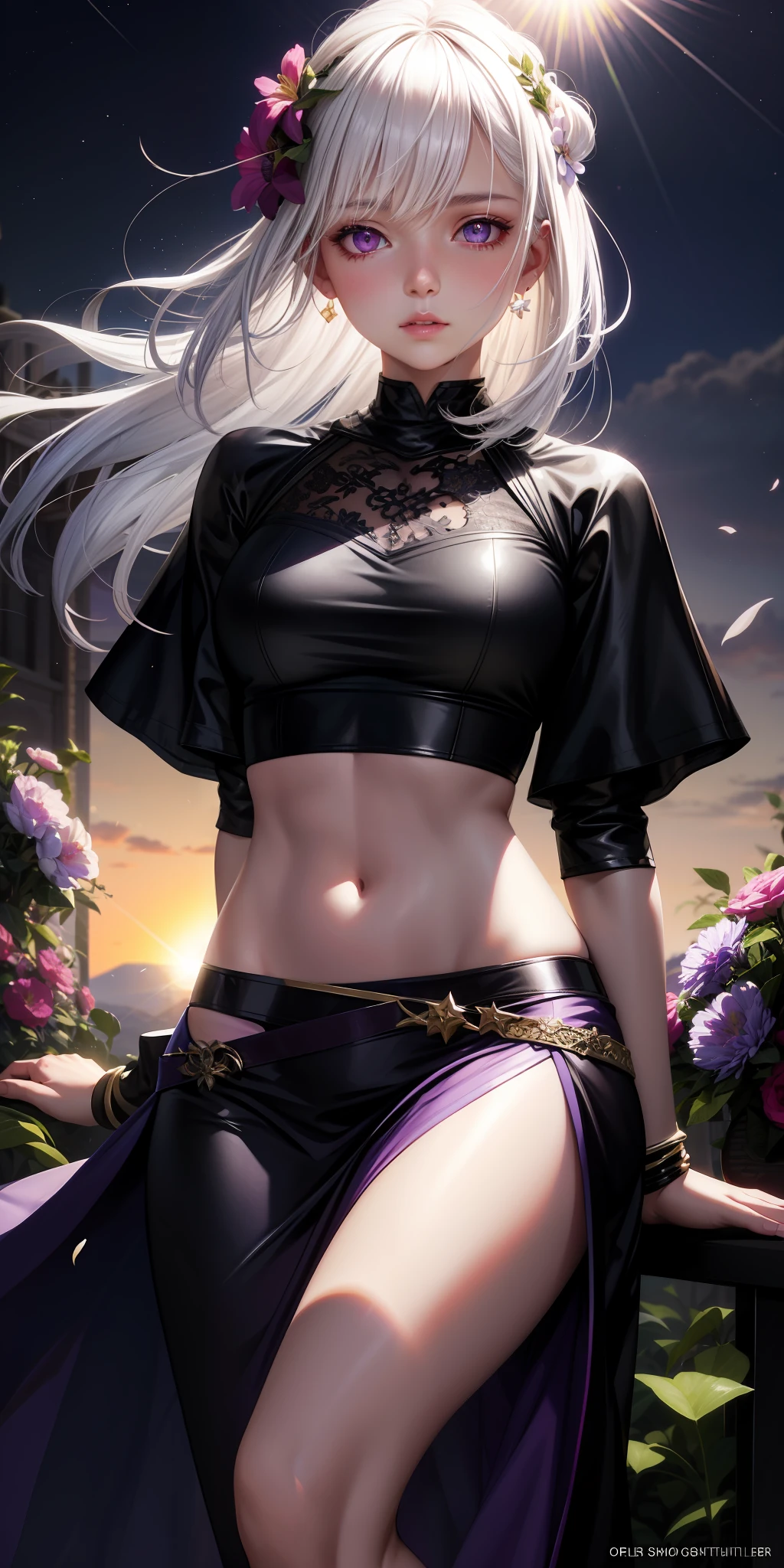 realistic, 1girl, white hair, purple eyes, glowing eyes, crop top, skirt, parted lips, blush, night, flowers, sun, sunlight,