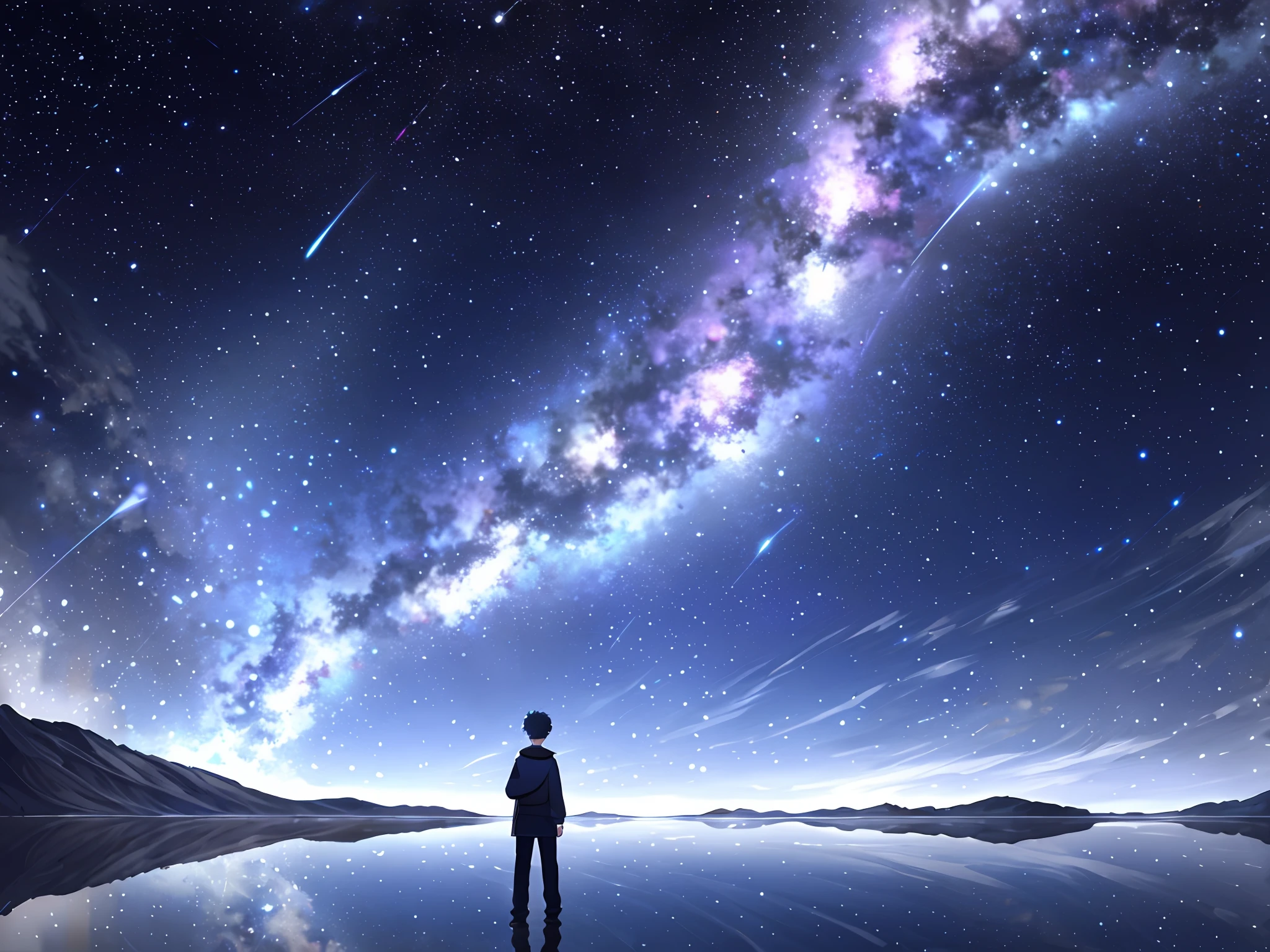 Wide field of view, (a boy stands on the reflected water), looking up at the starry sky, leaving only one with his back to the viewer: 1.2)), an ethereal and fascinating journey into the depths of the galaxy, showcasing the magnificent beauty of the universe through ultra-detailed and top-quality CG art. Celestial bodies and stars float harmoniously to form the Milky Way. The hues are purple and blue. Volumetric lighting brings an otherworldly glow to the surroundings and adds to the magical atmosphere. Quiet night, 8K,