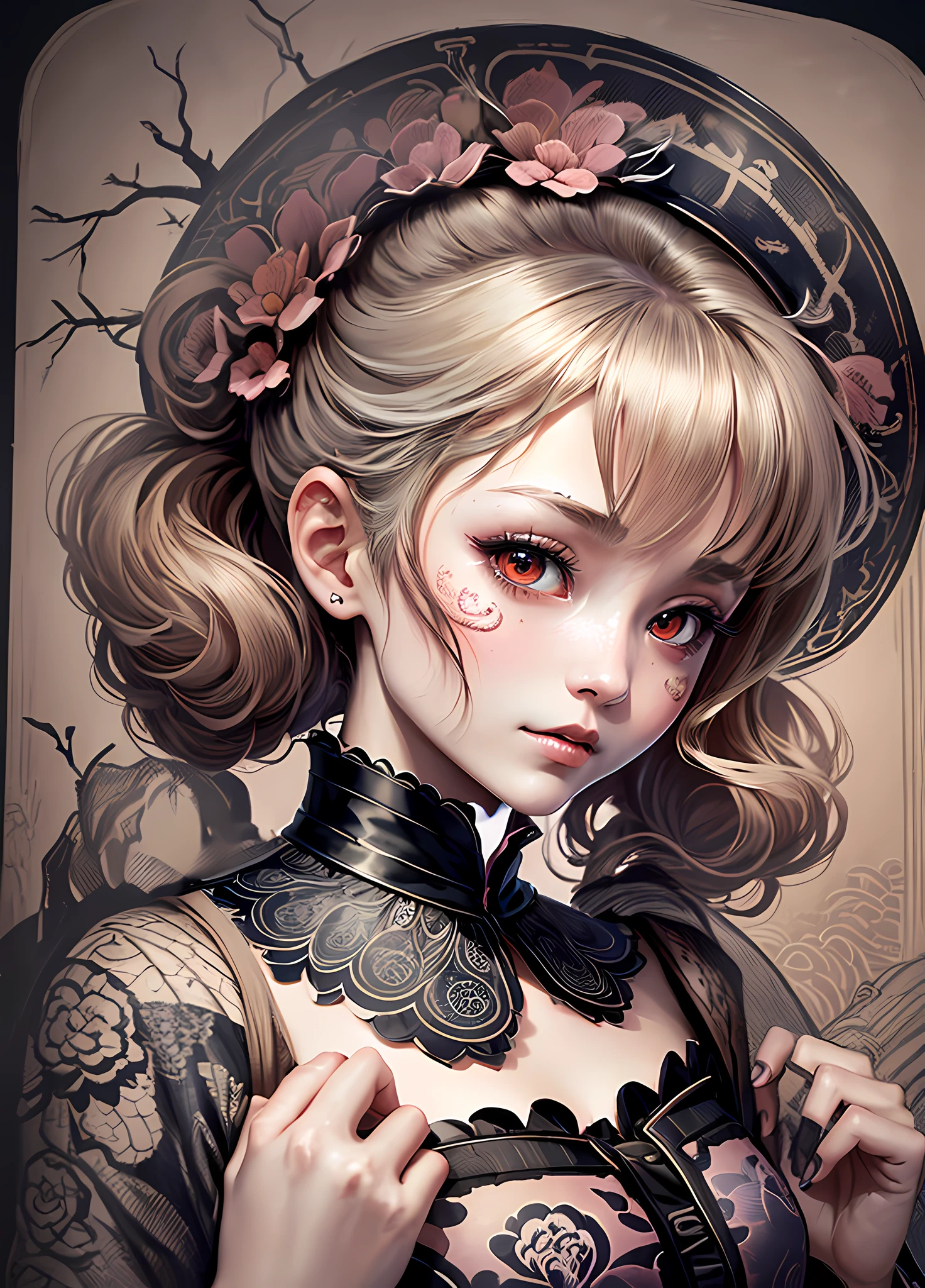 (by Yuko Higuchi: 1.4), Higuchi Yuko, (by Yoh: 1.2), (masterpiece, best quality, 官方艺术,美丽和审美:1.2), (ultra-detailed), finely detailed, best illustration, hand-drawn high-quality, (high contrast), (clean lines: 1.3), (lineart), line drawing, (intricate lines), ligne claire, fractal art, pen drawing, ukiyo-e style, (portrait, above chest, extremely close-up: 1.1), zombie girl, girl,  (she is surrounded by dead trees: 1.1), large red eyes, short blonde hair, (wavy air, pig's tails), corpse bride, engaging composition, flat chest, mysterious night, (intricate details), (detailed background: 1.2), (colorful), high resolution