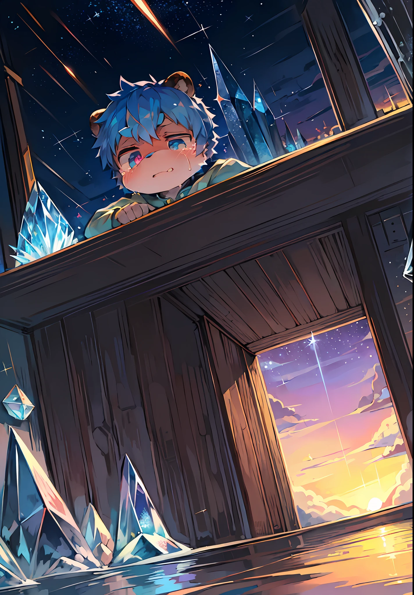 (Bright Environment: 0.8), Masterpiece, High Quality, Abstract Res, Digital Painting\(artwork\), by Dagasi, Yupa, Kiyosan, (Anthro, Fluffy Fur, Character Focus: 1.1), Short Hair, Portrait, Twinkle Eyes, Panorama (detailed background:0.7) Furry, male, teenager (full sweatshirt, fluffy tail, blue-pink eyes, slightly chubby, tears, blue hair: 1.2), (bear, shooting star, crystal: 1.2), (sunset, ocean, bright, moon: 1.1)