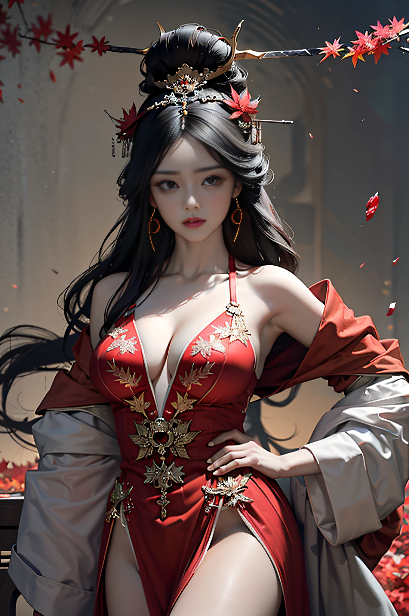 Official Art, Unity 8k wallpaper, ultra-detailed, beautiful, beautiful, masterpiece, best quality, mystery, romanticism, horror, literature, art, fashion, tang dynasty era, decoration, intricate, embroidery, red hanfu, red tulle jacket, 1 girl, big breasts, black hair, red headband, red hairpin, sad, fatalistic, bust composition, dramatic composition, movie lighting, dynamic perspective, sexy, bare thighs, bare shoulders, full of temptation, red maple forest, maple leaves falling, Red maple background, cloudy mist, dramatic composition,