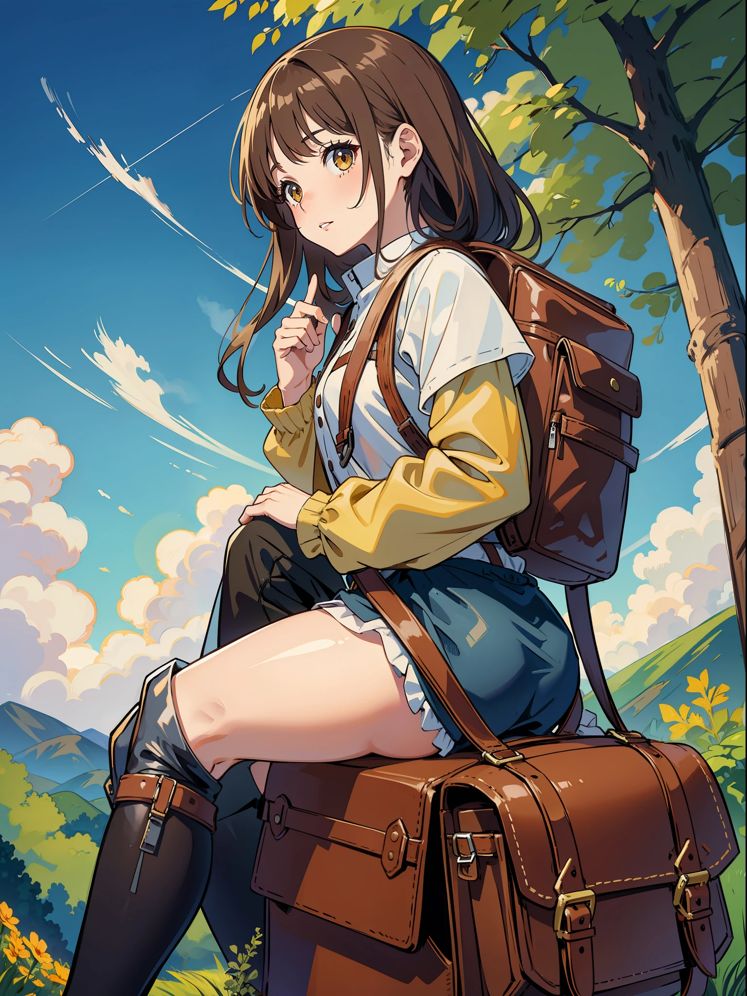 a girl with long brown hair sits on a mountain rear view with a backpack on her back, 18th century painting