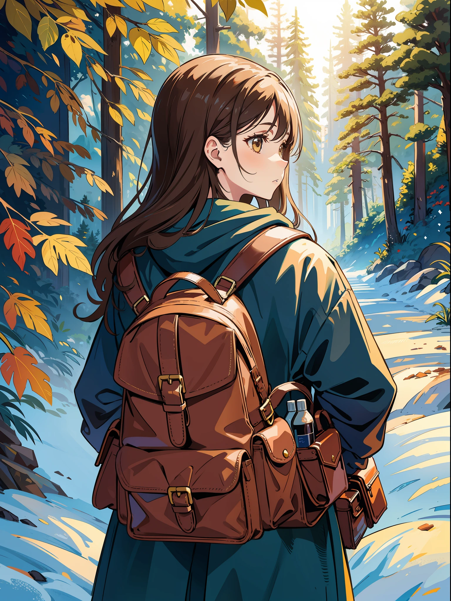 a girl with long brown hair sits on a mountain rear view with a backpack on her back, 18th century painting