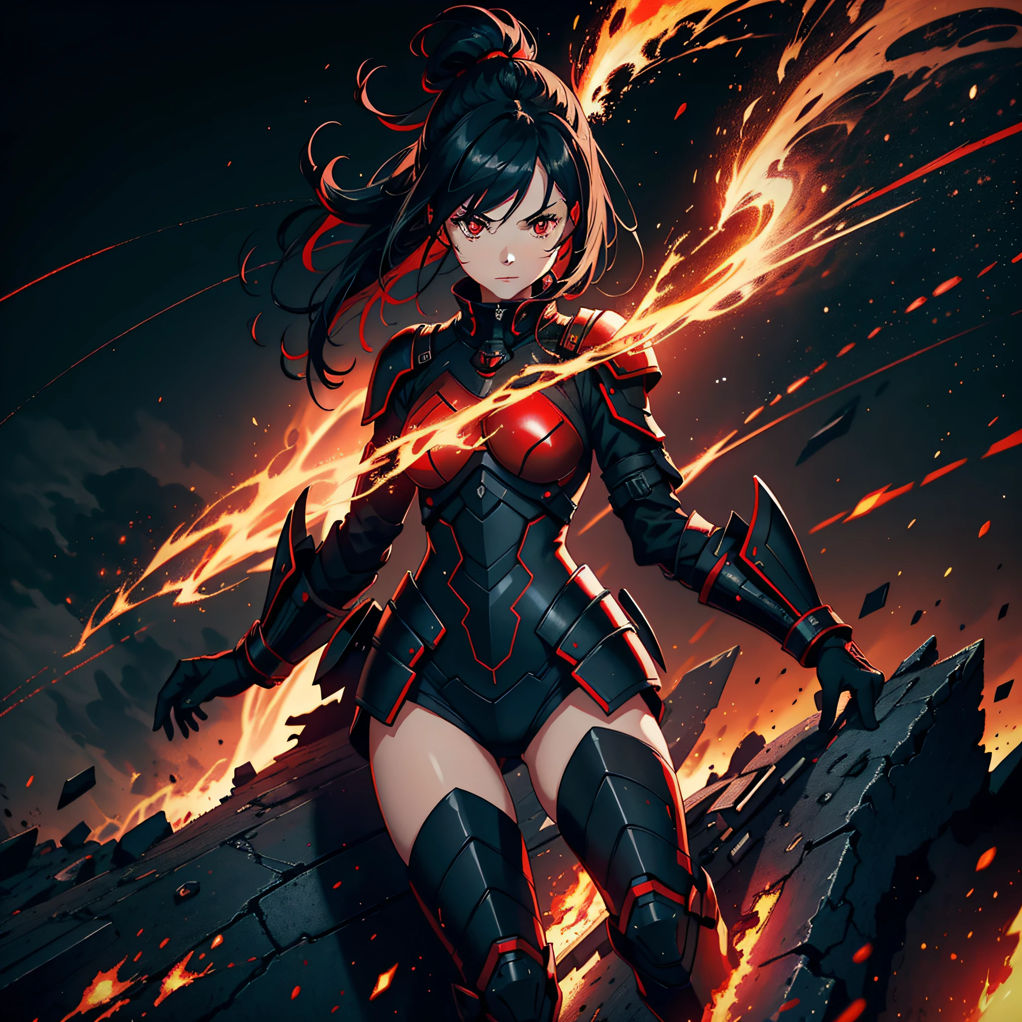 1 girl, physically attractive, with a black armor with red lines, red eyes, black hair, fire power, hd, ralista, background of a burning city and destrida, image of can definition, sky full of nuves surrounding a blood-red flash, night, ground with cracks, darkness