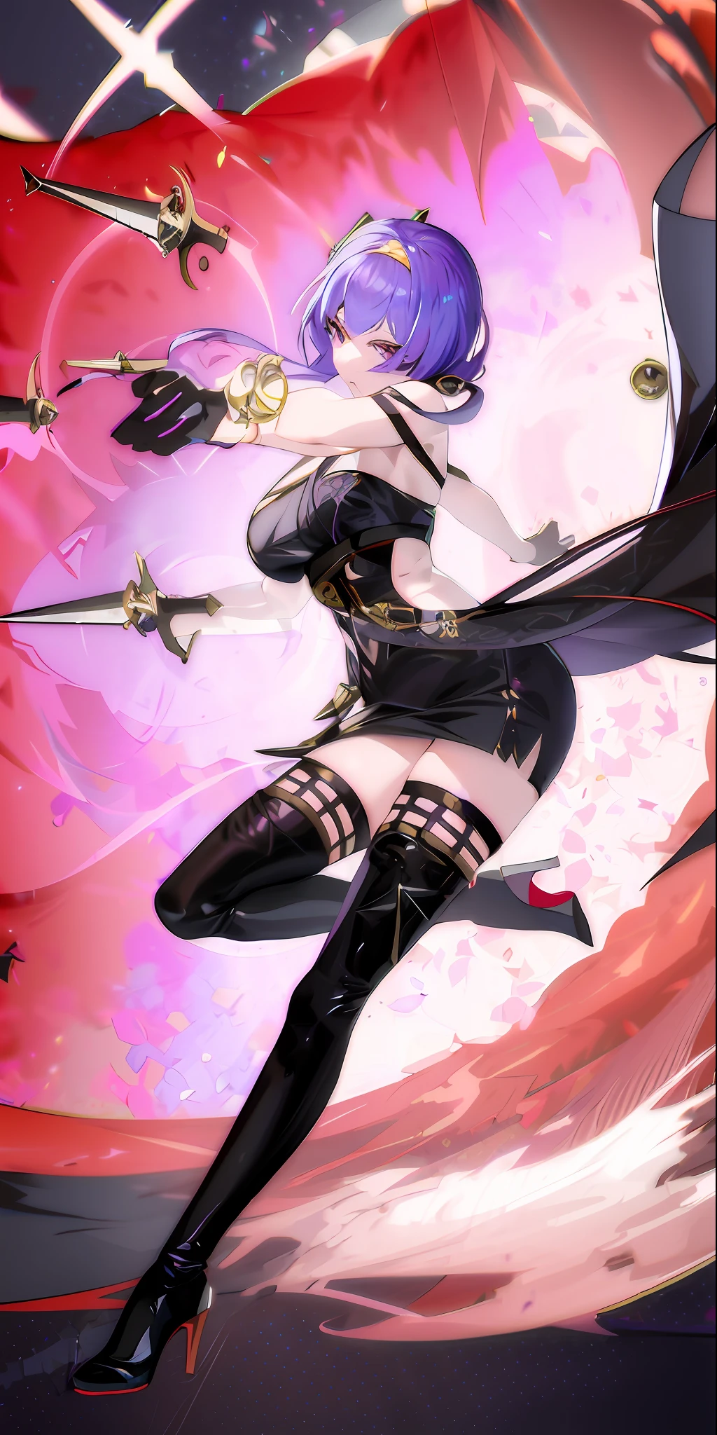 Anime girl with black hair and purple hair holding a dagger, Kusat Krenz Key Art Female, Ayaka Genshin Impact, Ayaka Game Genshin Impact, Shadow Universe Style, Ying Tears Bloody, Detailed Key Anime Art, Kokiyo from Genshin Impact, Tight Short Skirt Succubus, High Detail Official Art, Girl Frontline Universe