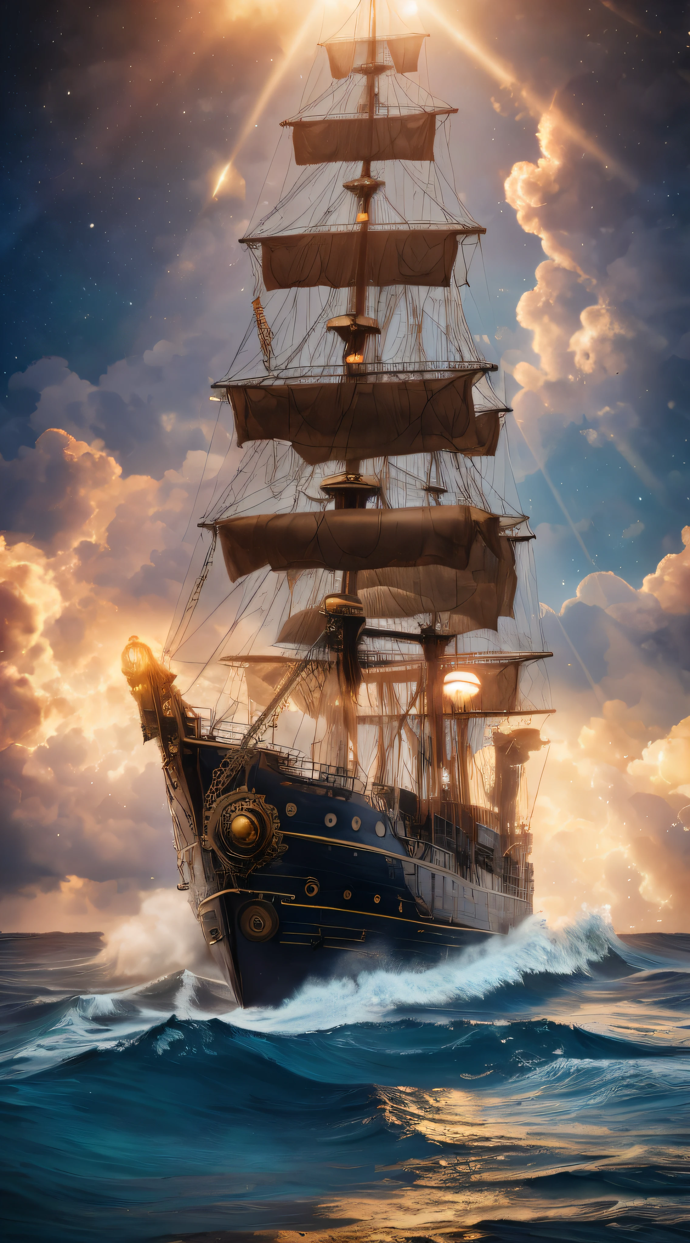 Professional photo of a steampunk ship on high sea. Huge waves, Milky Way. Highly detailed, complex background, perfect lighting, lens flares, shadows, intricate details, golden hour, film grains, masterpiece, highest quality.