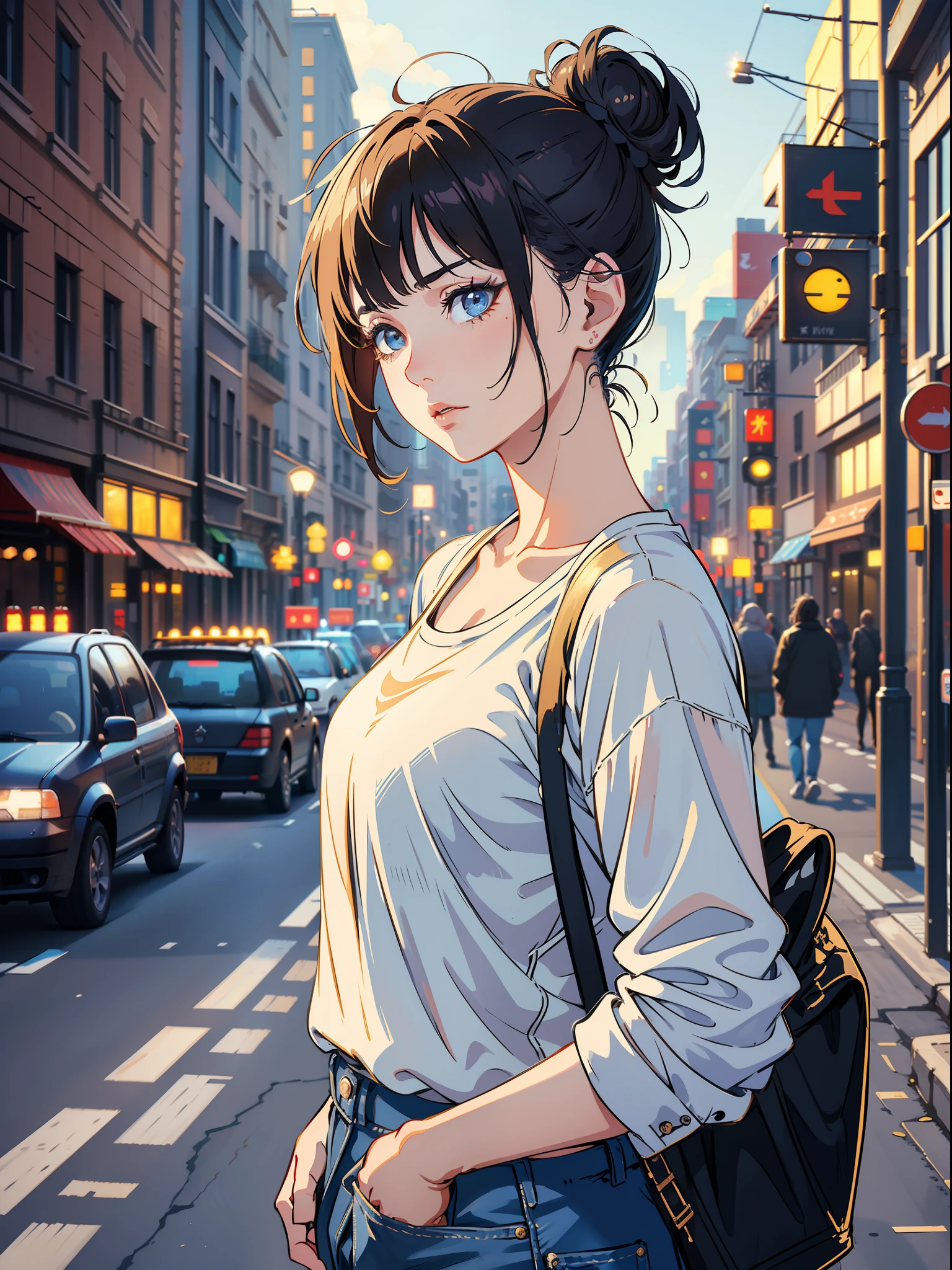 Jpop idol, messy bun hair, baggy shirt, denim short, by Karol Bak, Ilya Kuvshinov, and Mélanie Delon,((( bright, highly detailed, iconic, realistic, dynamic lighting))), city sidewalk