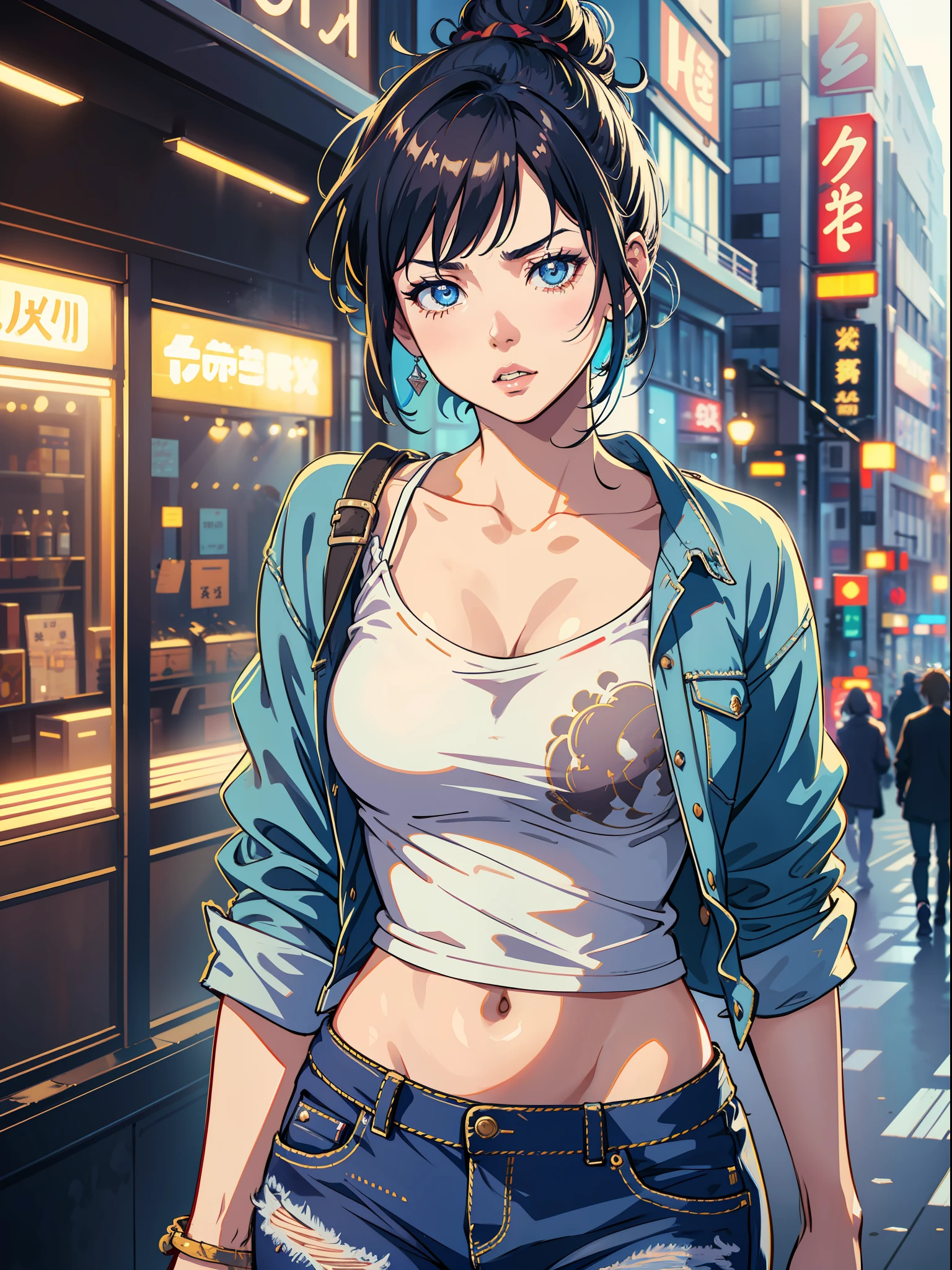 Jpop idol, messy bun hair, baggy shirt, denim short, by Karol Bak, Ilya Kuvshinov, and Mélanie Delon,((( bright, highly detailed, iconic, realistic, dynamic lighting))), city sidewalk