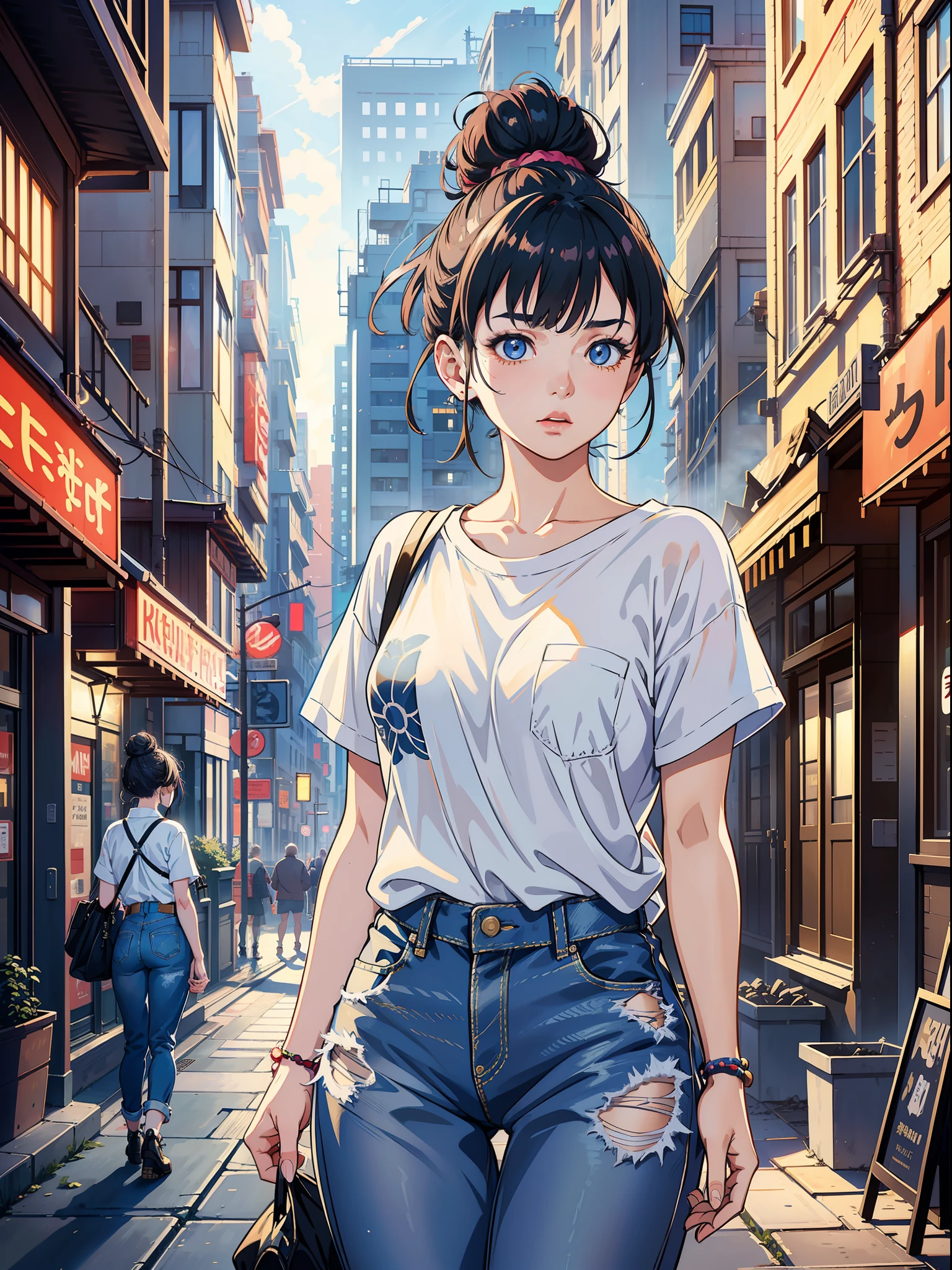 Jpop idol, messy bun hair, baggy shirt, denim short, by Karol Bak, Ilya Kuvshinov, and Mélanie Delon,((( bright, highly detailed, iconic, realistic, dynamic lighting))), city sidewalk