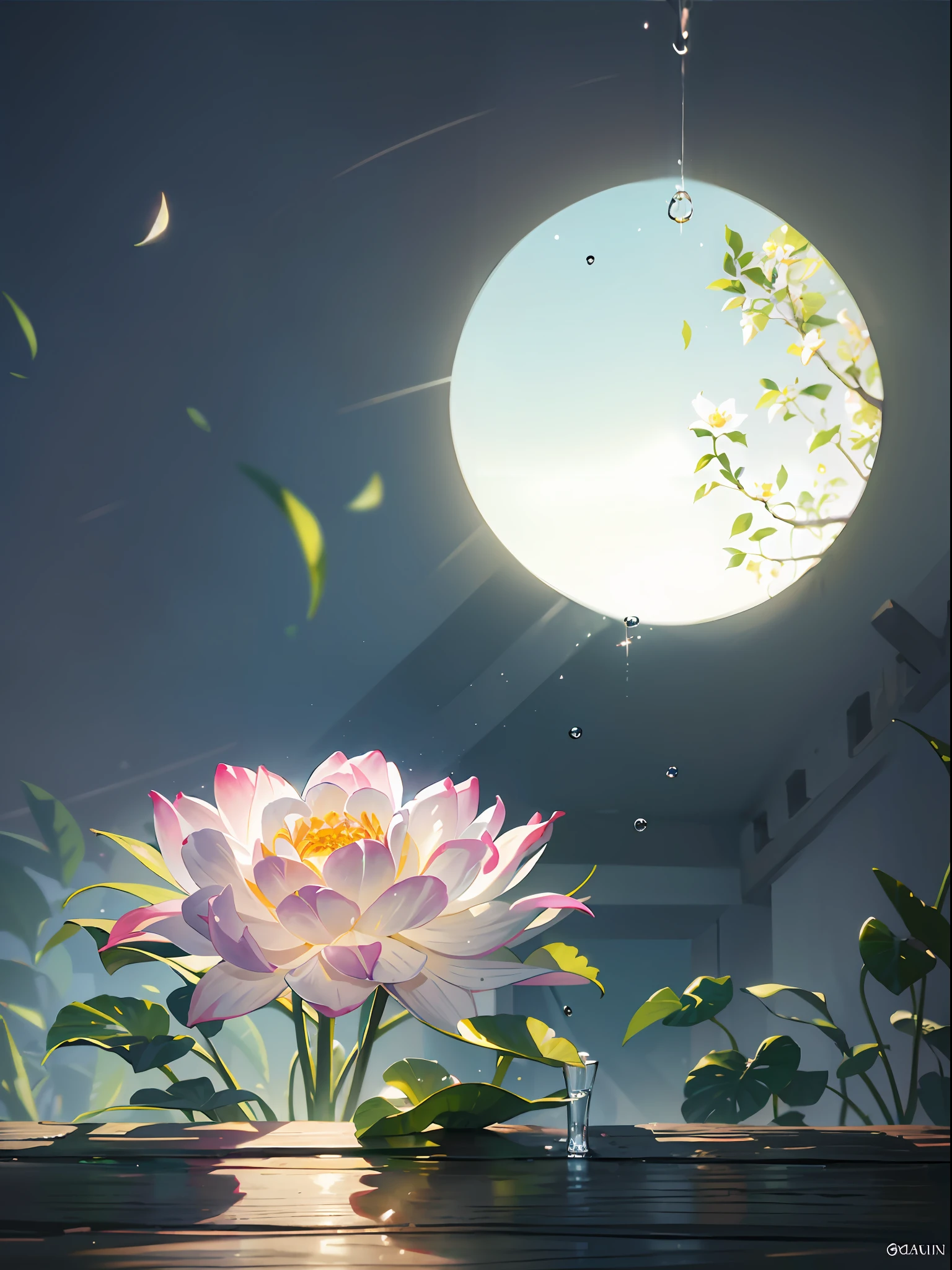 there is a bottle of water sitting on a ledge next to a flower, in volumetric soft glowing mist, with backdrop of natural light, diffused natural skin glow, su fu, calvin klein, a still of an ethereal, crisp smooth clean lines, radiant morning light, subtle vibrancy, soft luminescent glow, lotus, soft natural lighting, soft morning light --auto --s2