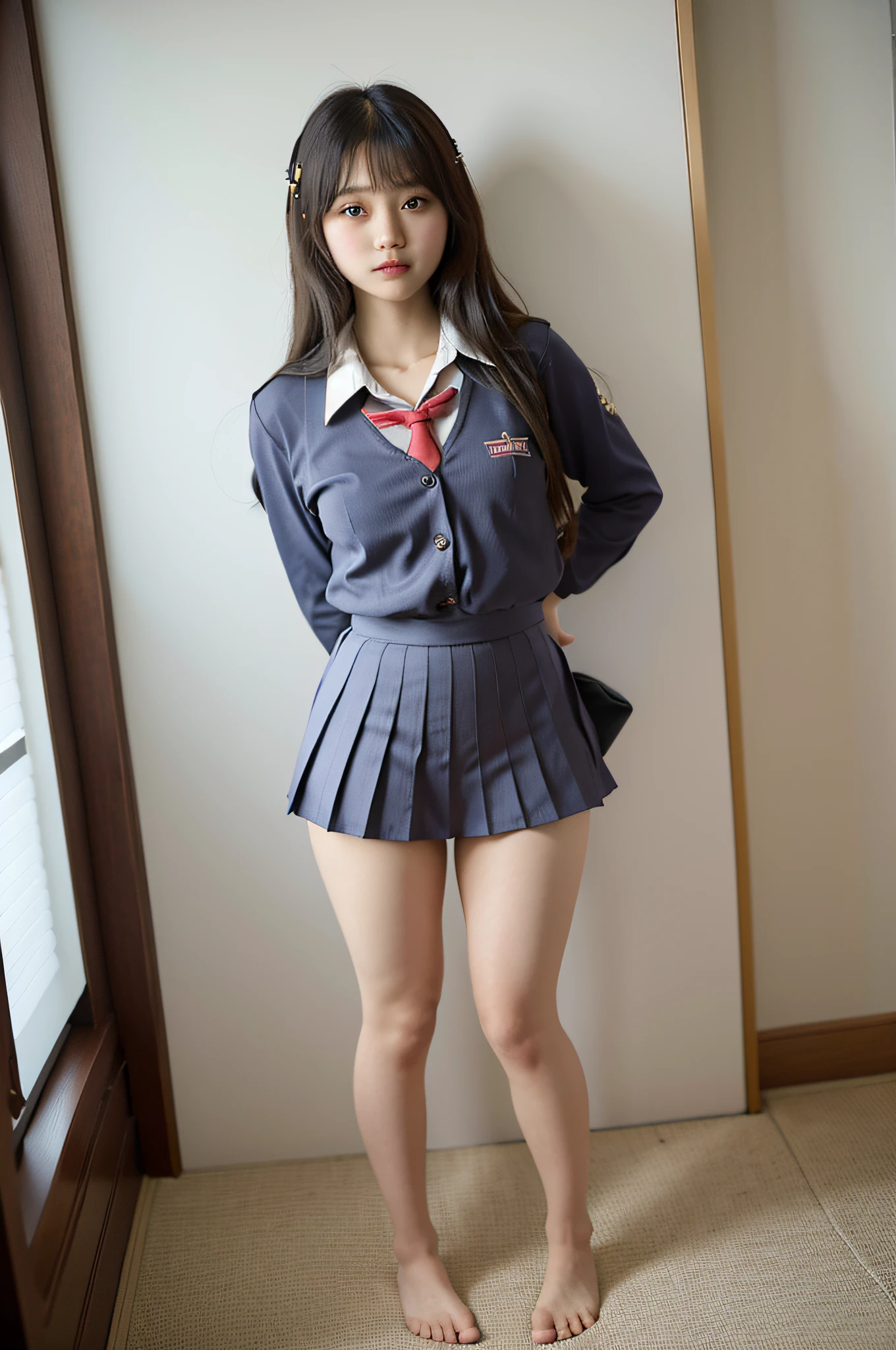 High angle shot, panty shots, cute schoolgirl, Japan schoolgirl uniform, surreal schoolgirl wearing Japan uniform and wearing Japan school uniform, surreal schoolgirl, schoolgirl in uniform, girl in uniform, girl in uniform, full body of schoolgirl posing in school uniform, lovely skin, glowing skin, nice thighs, glowing thighs, shining legs, barefoot,