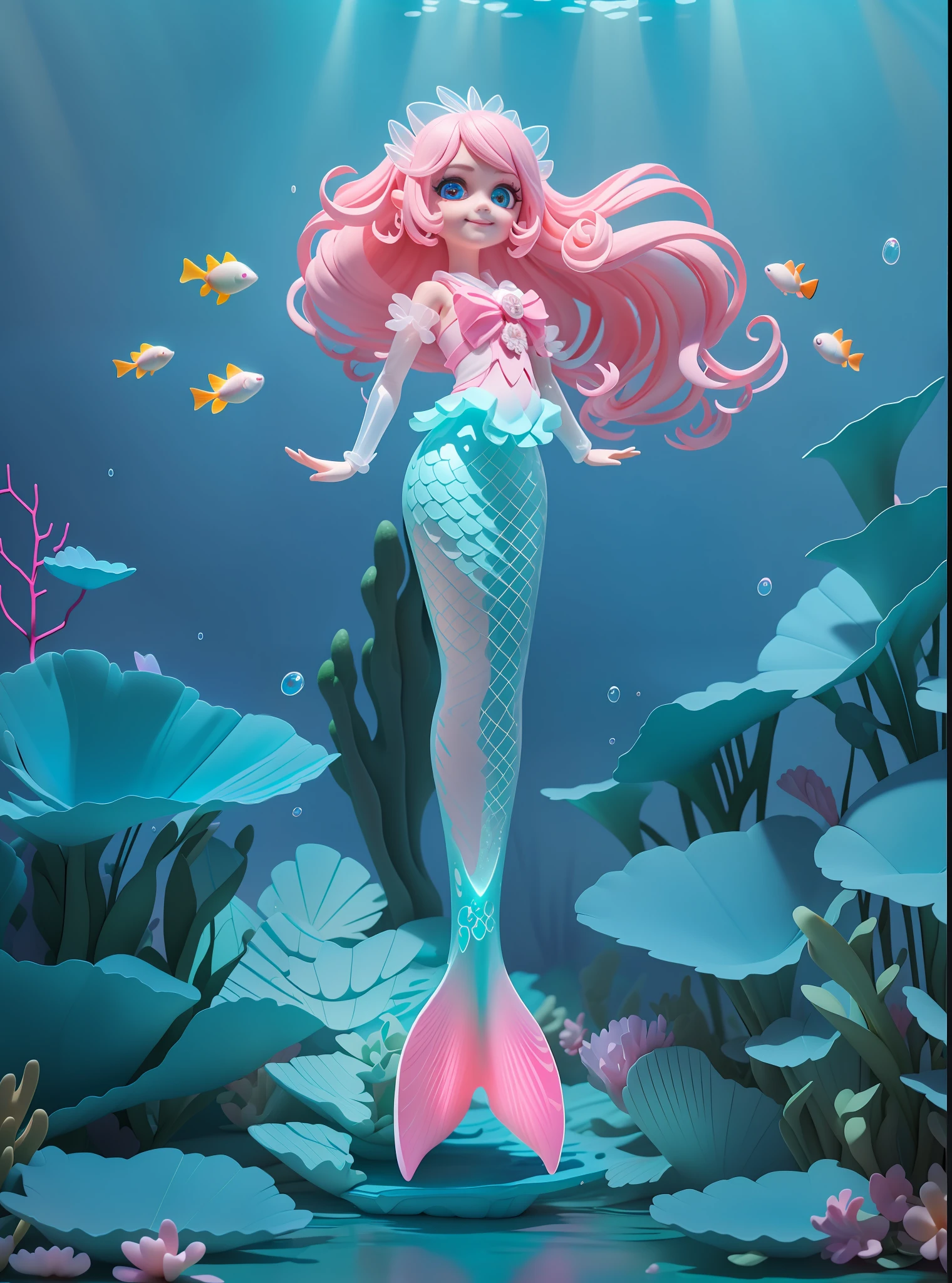 Detailed plastic material, masterpiece, best quality, (very detailed model), (best quality), octane rendering, ray tracing, very detailed, 3d toy, (fish tail) exaggerated huge hair, mermaid, fish tail, smile, little girl, perfect face, (full body) (3D hair, cute hair accessories, ((Tyndall light)), beautiful eyes, cute big eyes, cute face, pink green gradient, chib, fluorescent translucent, colorful, plastic, transparent, product design, glowing jelly, Delicate and cute plastic, beautiful light and shadow 3d, digital art, translucent plastic bubblegum, close-up, 3d, super detailed, c4d, octane rendering, blender, hd, full body, underwater background! (Extremely detailed details) (masterpiece) (stand up straight) smile, tight glowing clothes, underwater background, underwater blisters, glowing fish, elegant face, beautiful face, delicate hands, delicate and delicate hands, elegant face, graceful face, finely carved face, pupils clearly visible, white eyeballs, dark eyes, pink hair translucent, delicate fine arms, perfect eyes, delicate eyes, extremely detailed eyes
