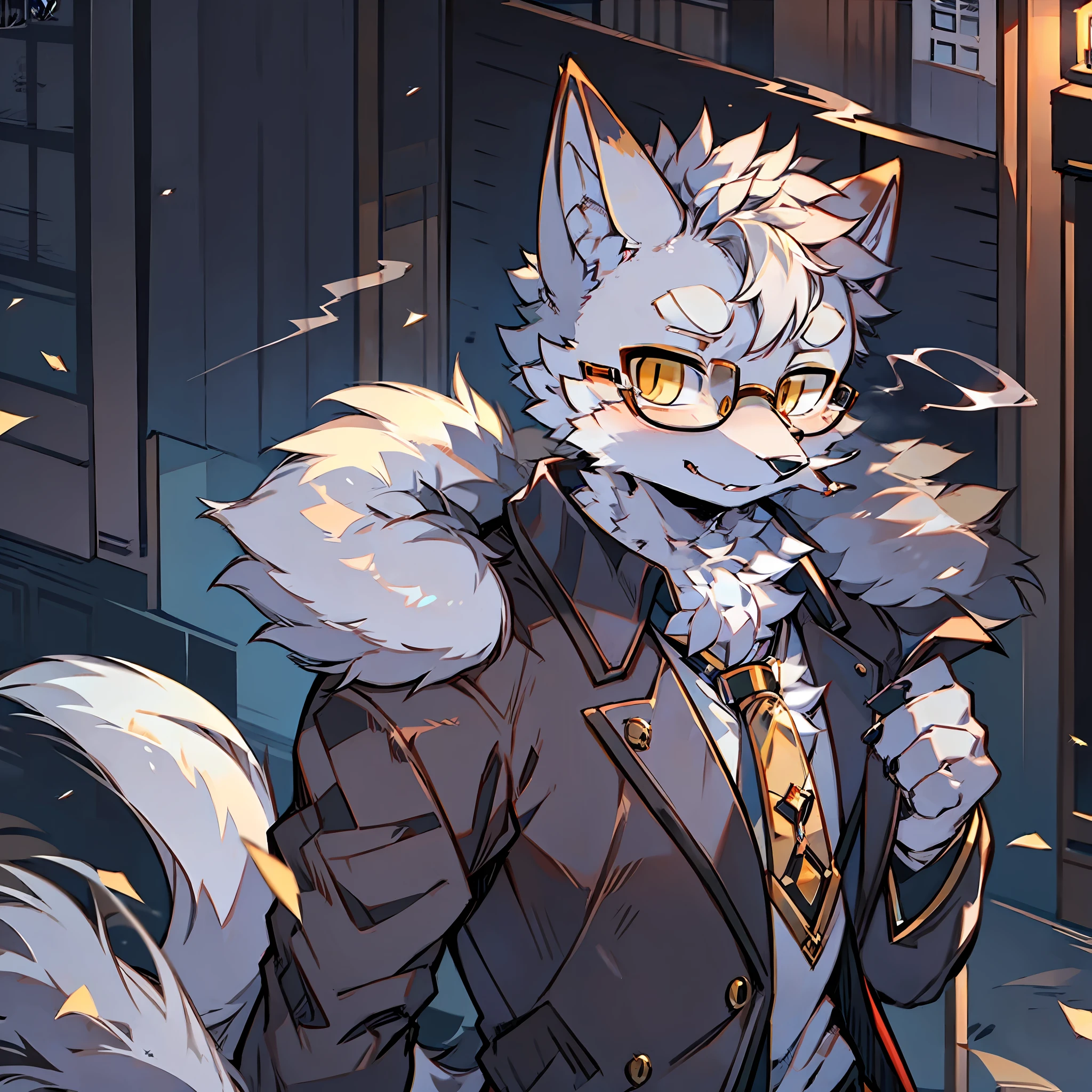 Single, furry male, furry, fox, arctic fox, canine, gray-black fur, golden eyes, glasses, smoking, detective