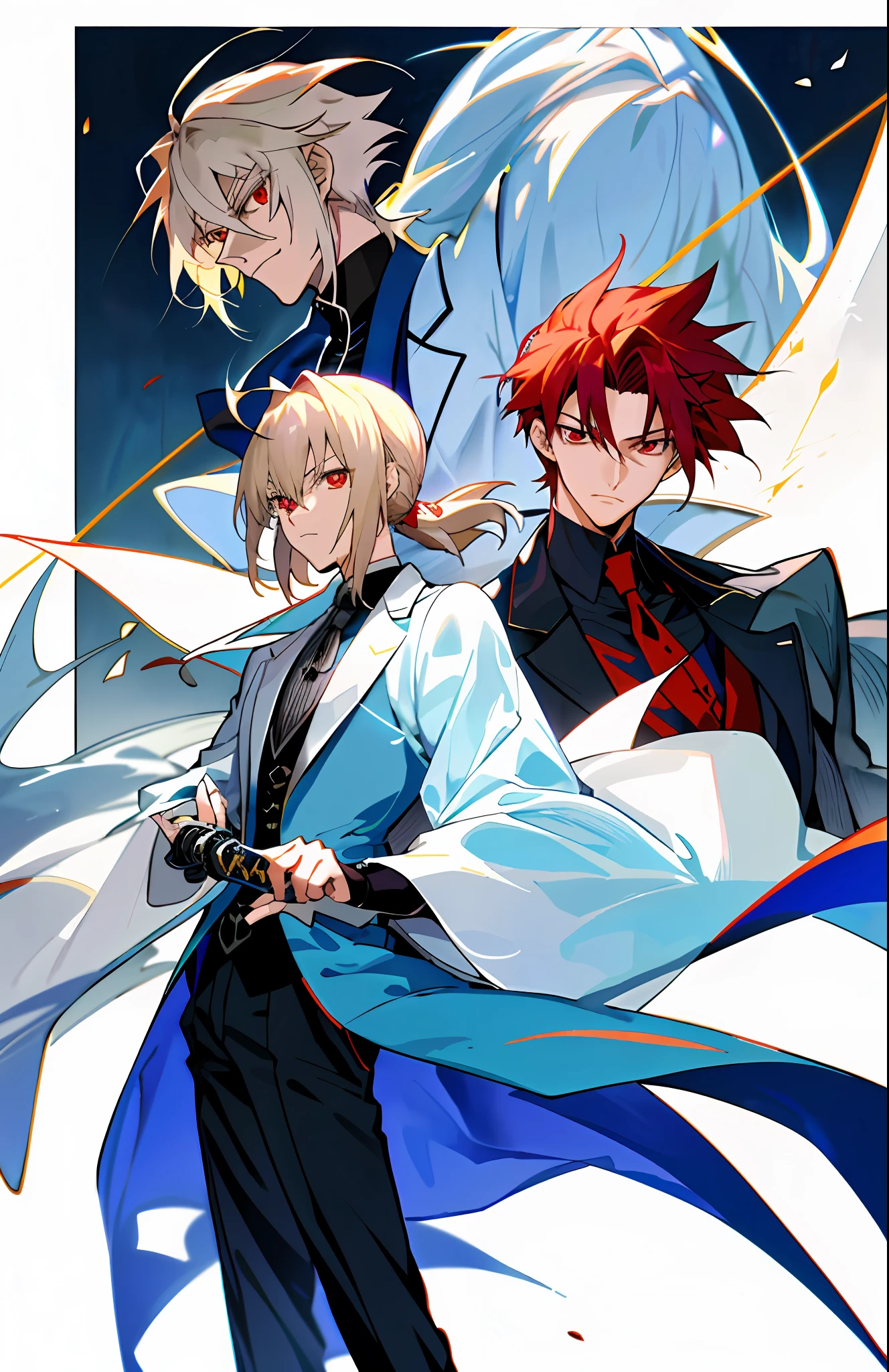 Anime - Style image of a woman in a suit drawing a sword pointed at the camera, sword tip, handsome anime pose, inspired by Osaber, anime boy, flax hair color, inspired by Artoria Pendragon, tall anime man with red eyes, 2 D anime style, anime moe art style, young anime, anime handsome man, zero zen art, fate series