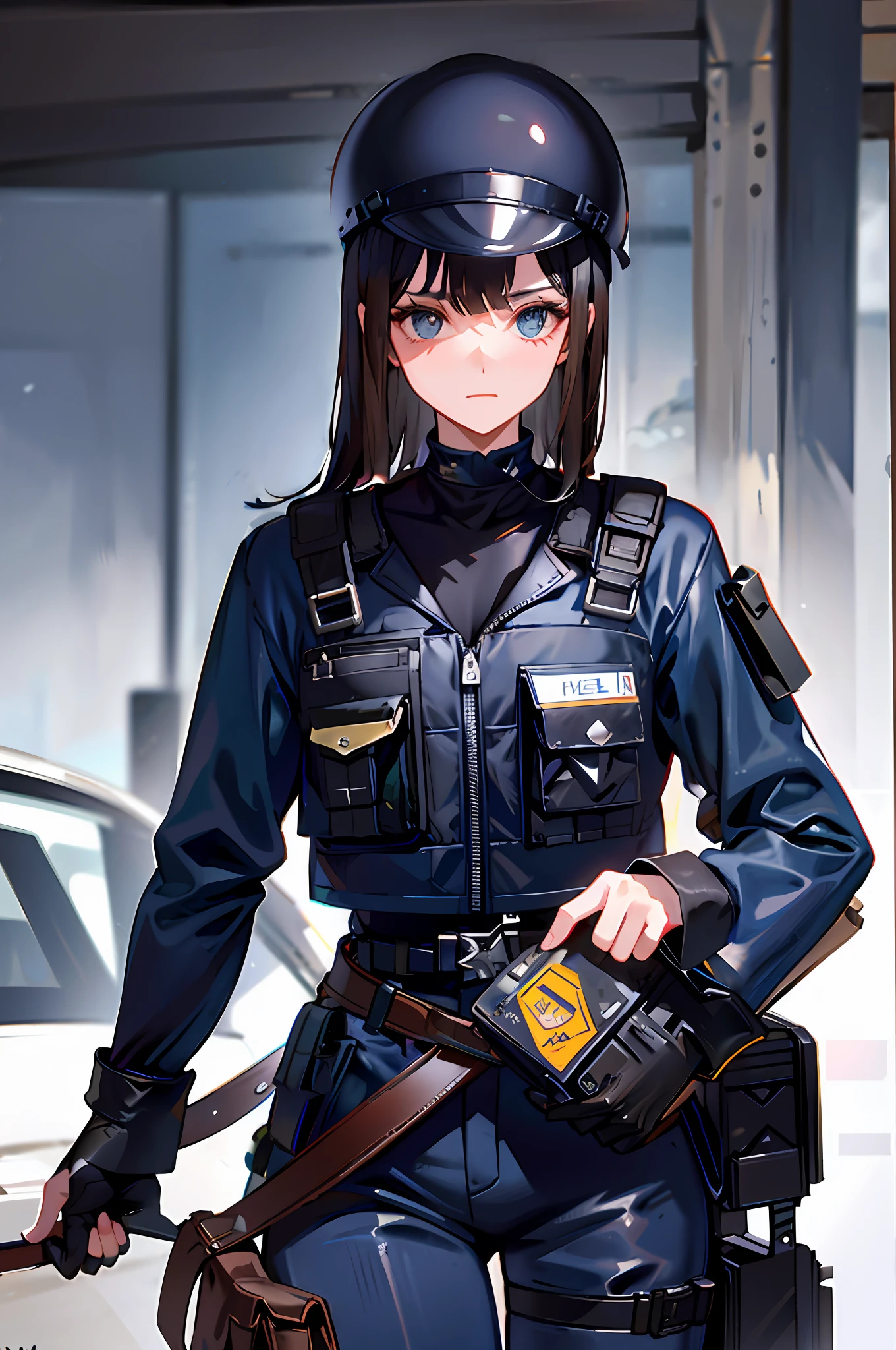 Wear a navy blue army helmet, black bulletproof vest, hold an MP5