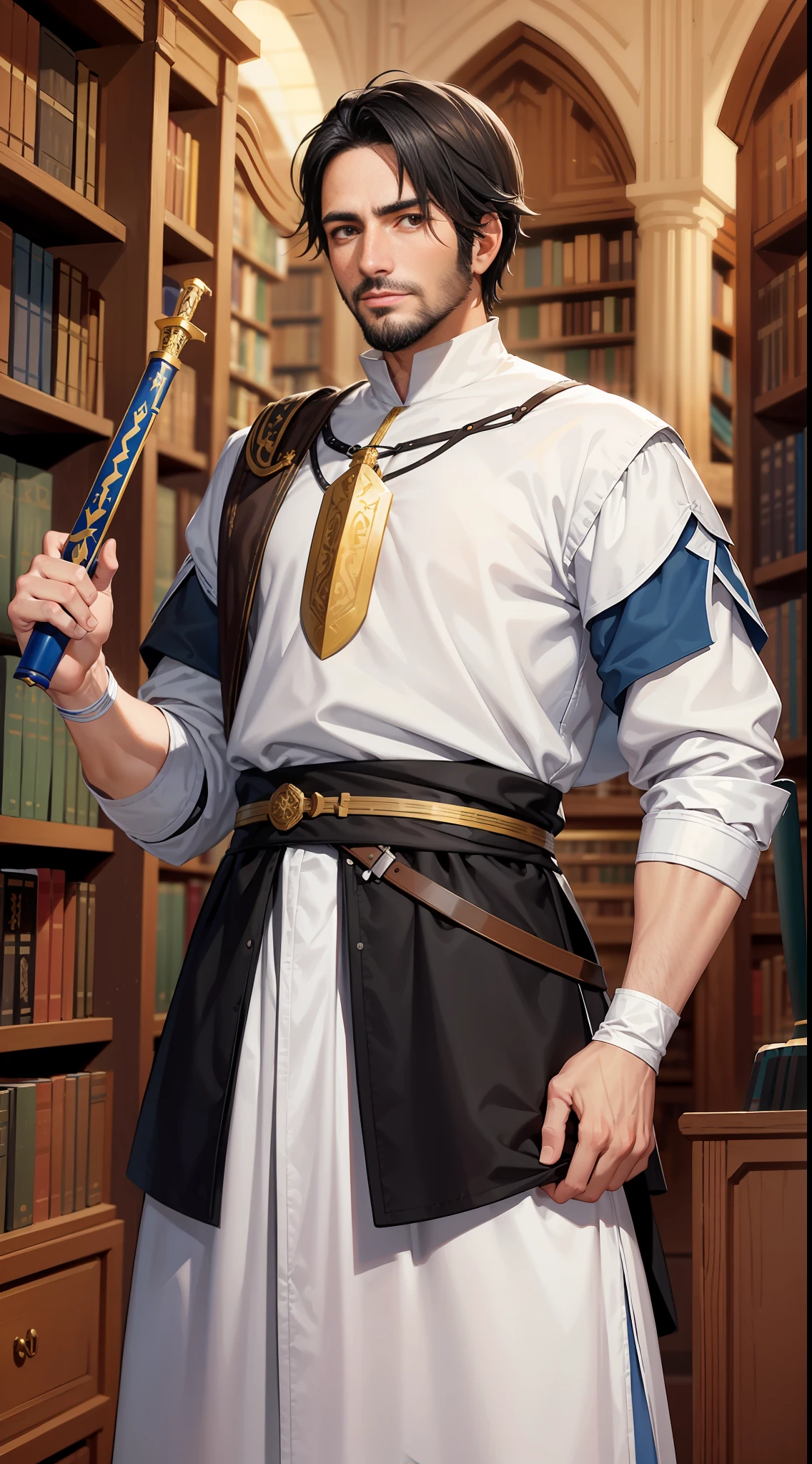 A 29-year-old man with black hair and brown eyes and a thin beard, his clothes are white and blue resembling a messenger, he carries a saber at his waist (senary medieval library)