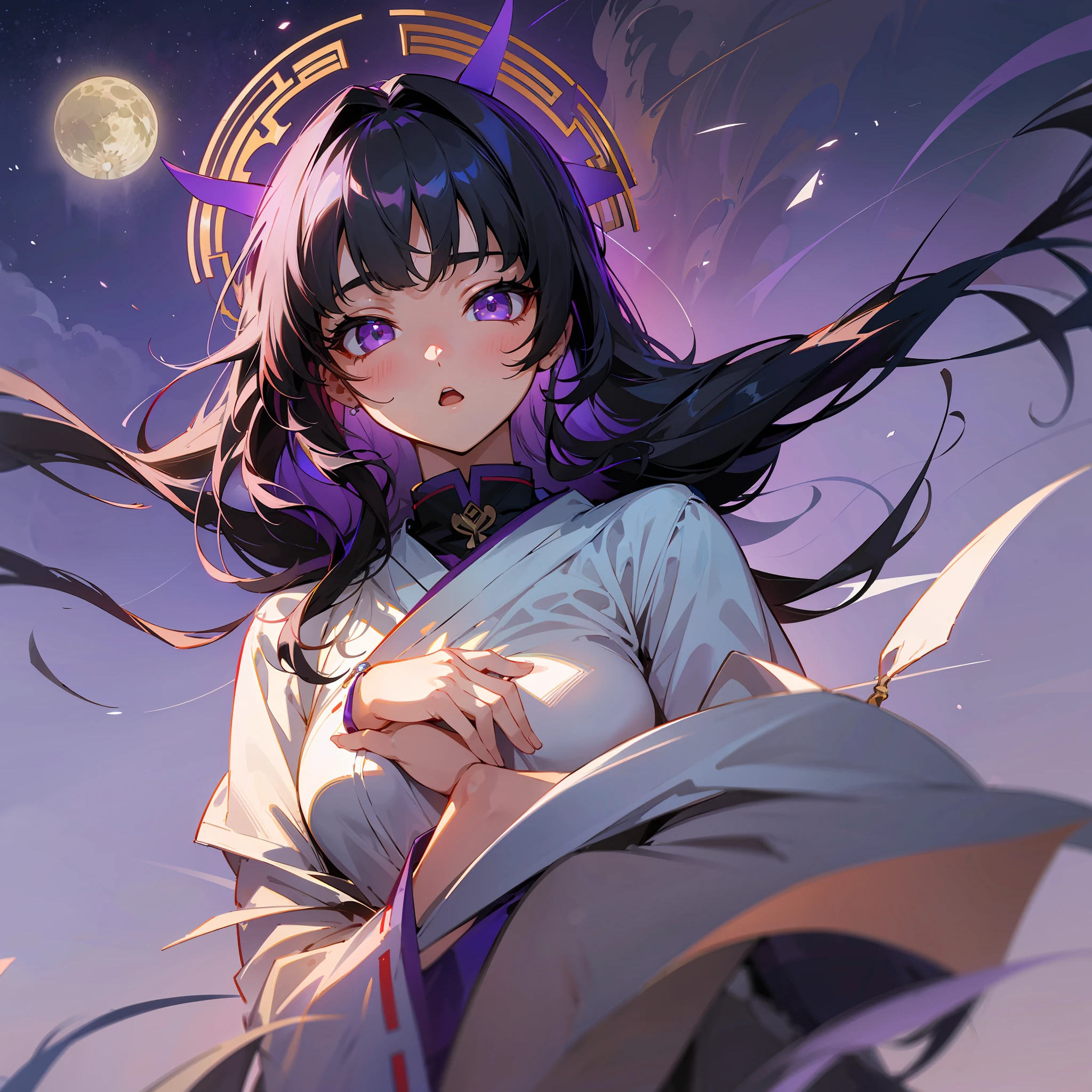 masterpiece, best quality, ultra-detailed, high resolution, extremely detailed CG, textile shading, perfect anatomy, beautiful detailed eyes, 4K, {8K}, a pretty woman, 1girl, shrine maiden, night, moon, beautiful black hair, beautiful purple eyes, {beautiful eyes}, glowing eyes, :o, head tilt, long hair, straight hair, hand on own chest
, floating hair, outdoors, wind, character focus, --auto --s2