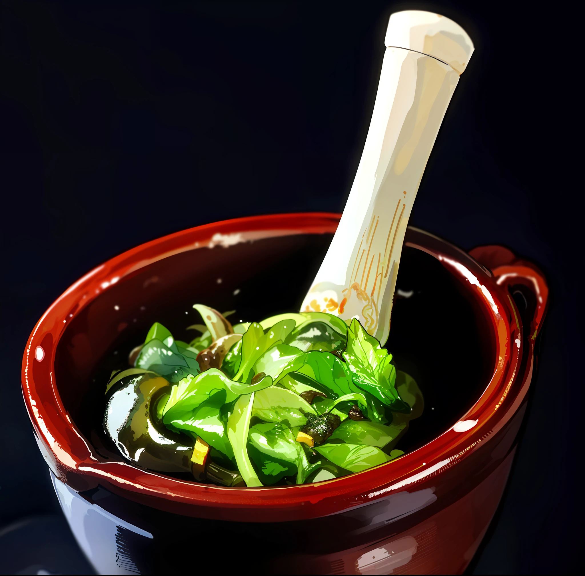 there is a wooden spoon in a bowl of food with green peppers, vinesauce, with seaweed, ❤🔥🍄🌪, sichuan, gujian, qiangshu, mortar and pestle, pestle, pot, 王琛, detailed image, sauce, sasai ukon masanao, yummy, nanquan