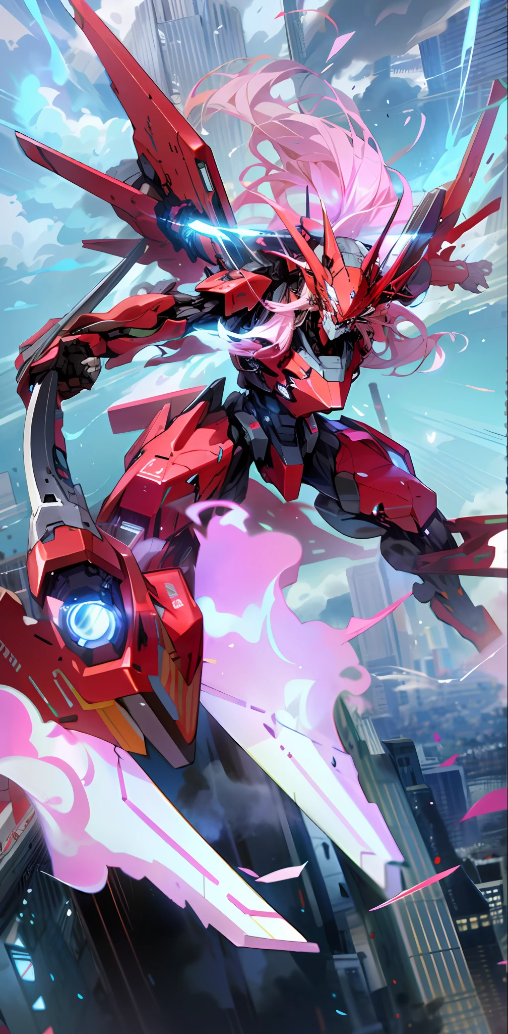sky, cloud, holding_weapon, no_humans, glowing, , robot, building, glowing_eyes, mecha, science_fiction, city, realistic,mecha