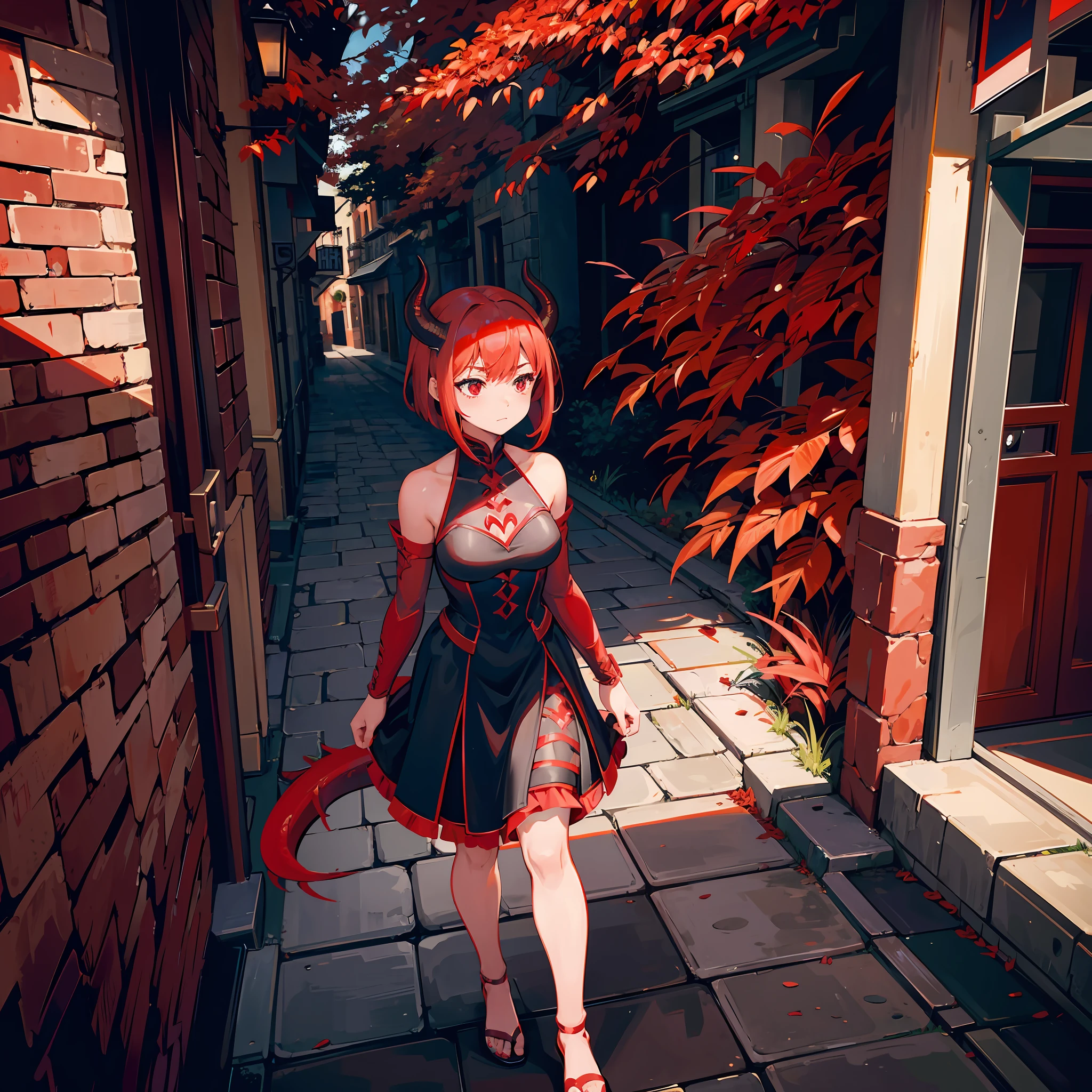 Draconic girl with red hair, deep red dragon tail, scaly and deep red skin, red horns, deep red short hair, deep red crazy eyes, scaly draconic legs, medieval girl dress, 1 girl, drunk, walking in a medieval village, 23 years old, medium breasts