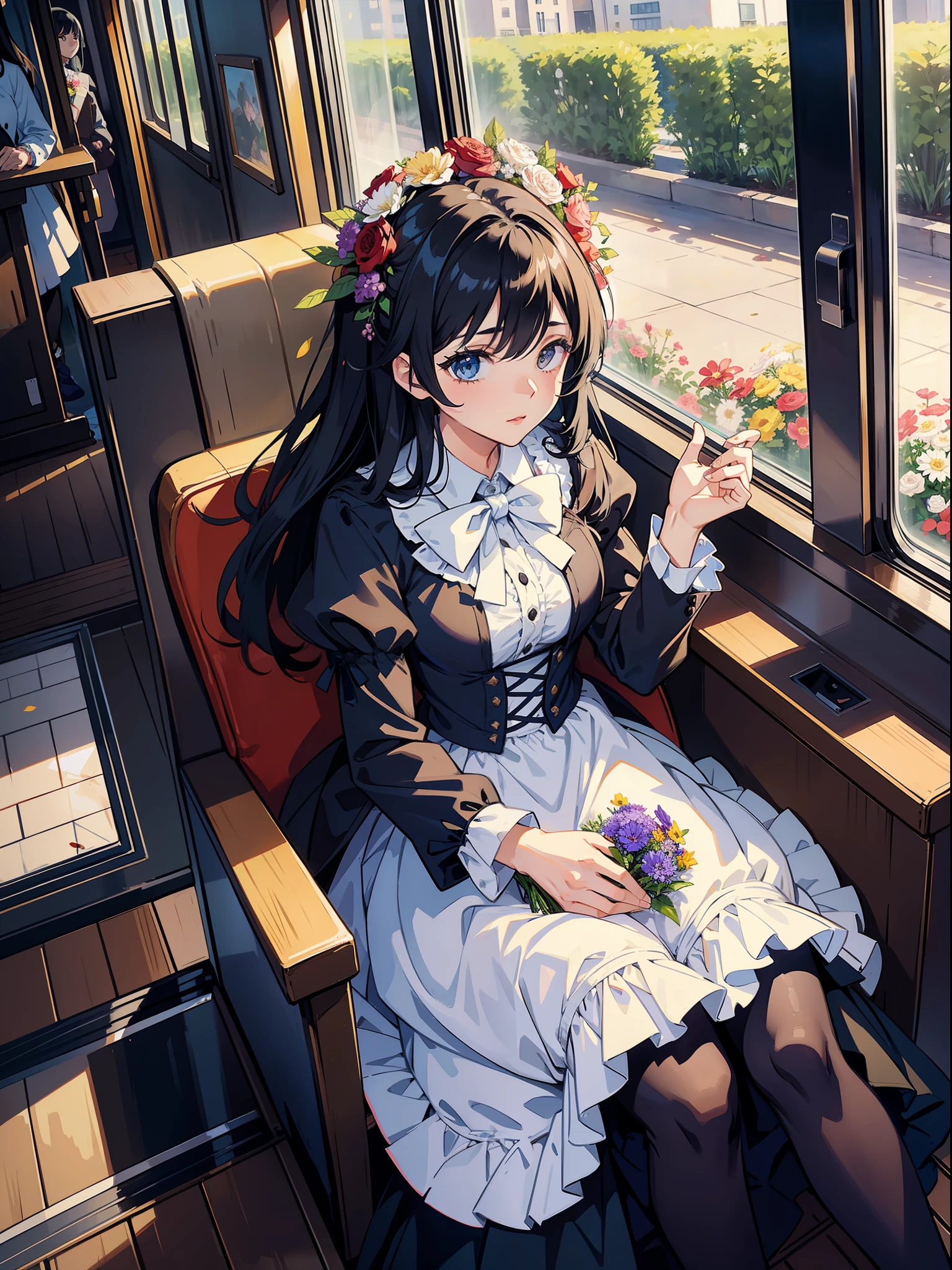 A very beautiful girl with black hair throws flowers out of the carriage window