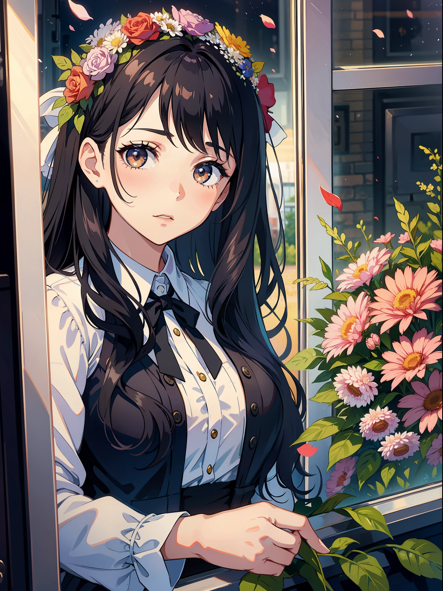 A very beautiful girl with black hair throws flowers out of the carriage window