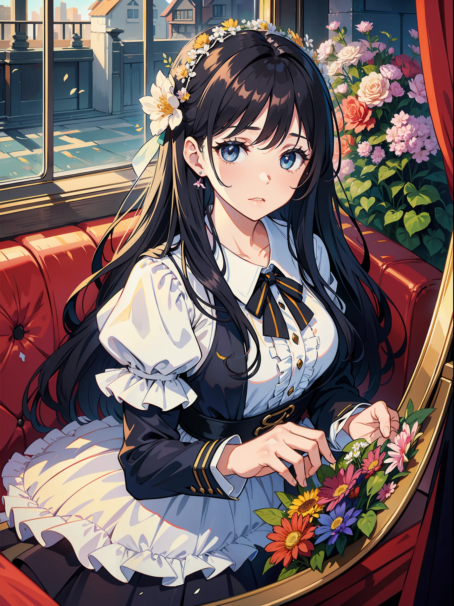 A very beautiful girl with black hair throws flowers out of the carriage window