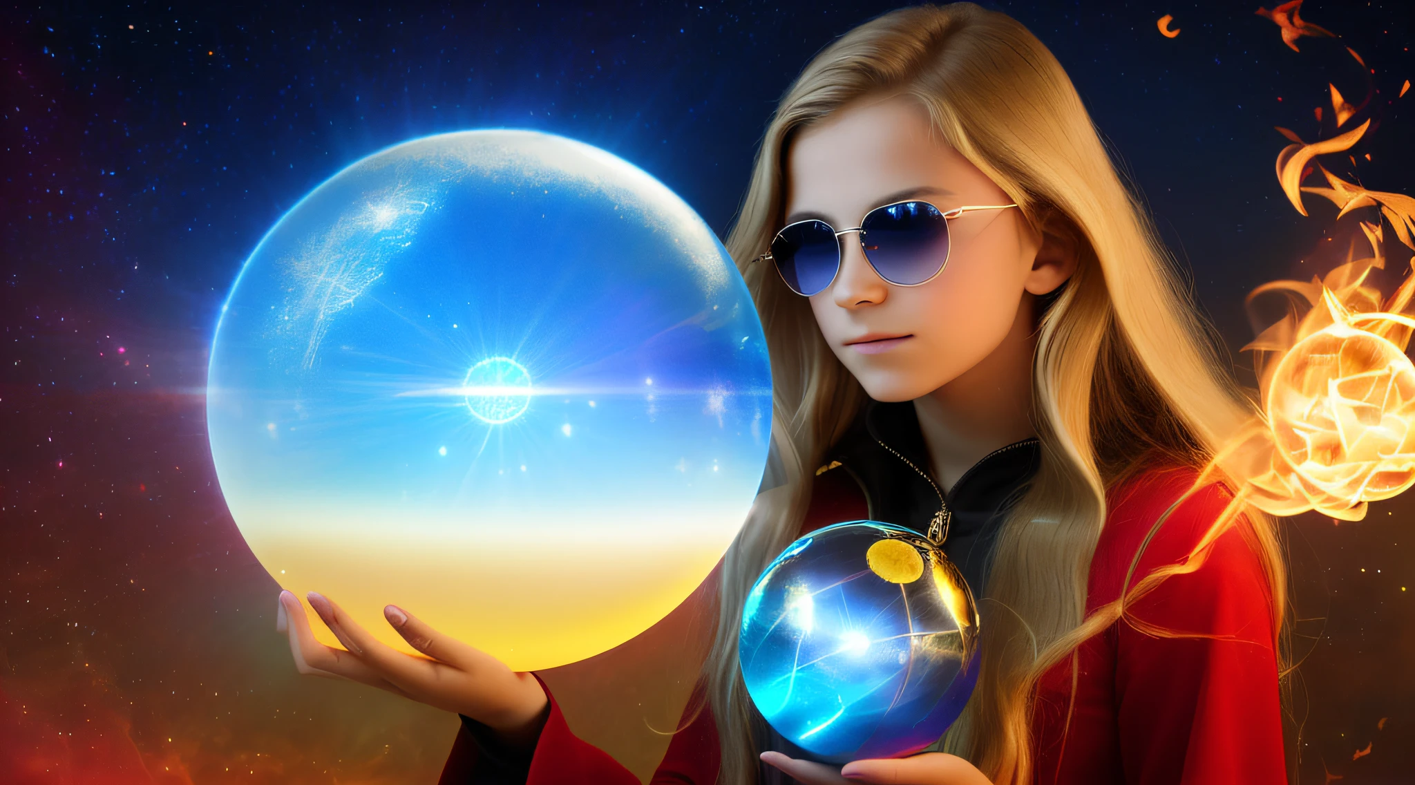 14 YEAR OLD CHILD GIRL WITH SUNGLASSES, WITH LONG BLONDE HAIR, holding a blue ball in her hands with smoke AND RAYS coming out of it, BLOOD-COLORED RED FIRE-COLORED BACKGROUND.crystal ball, holding a crystal ball, casting a protection spell, holding a glowing orb, spell-casting mage, casting spells, the orb of truth, casting a powerful spell, holding a glowing orb of dice, a woman holding an orb, emitting psychic powers, hands holding large glowing orbs,