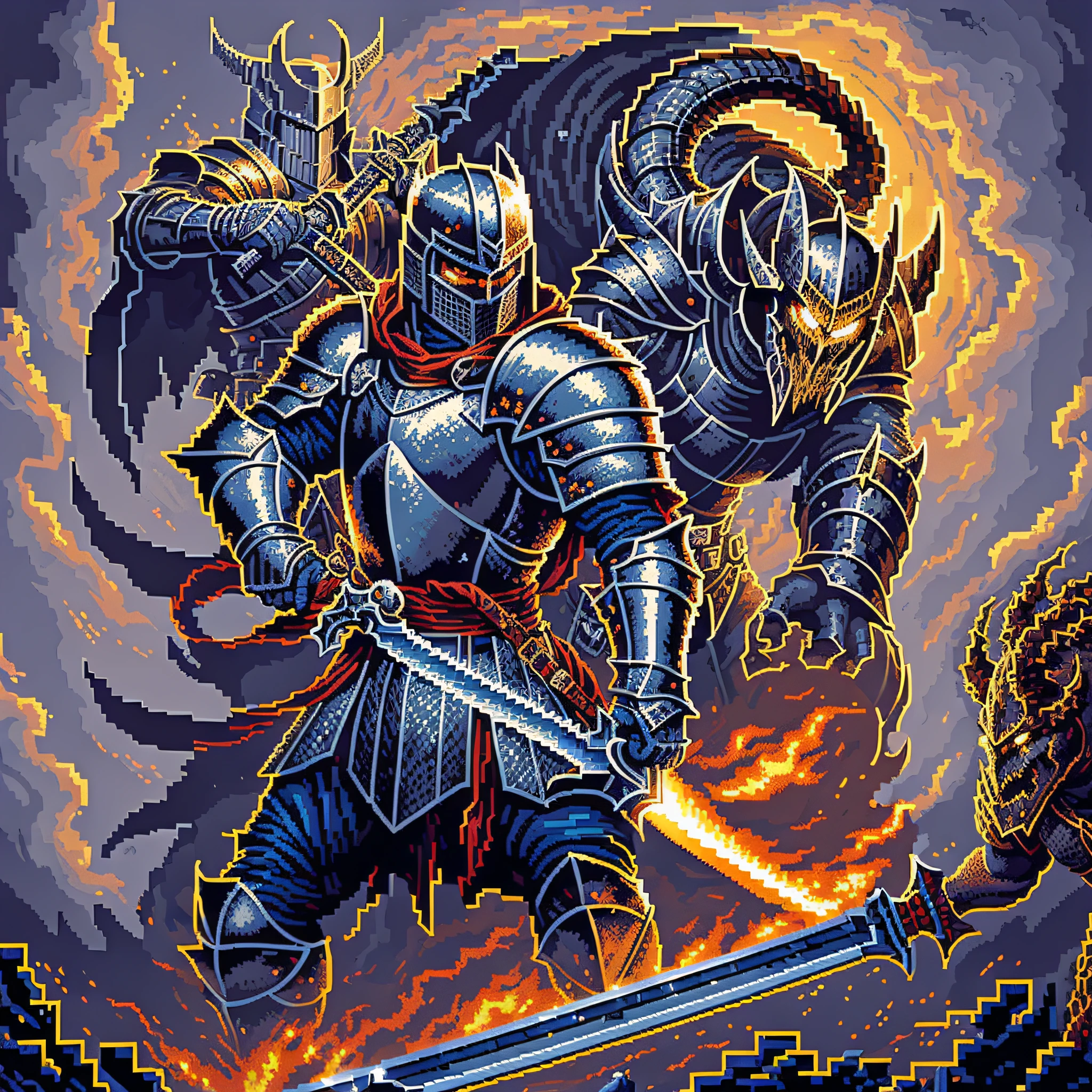 (Pixel art:2, old game style:1.2),(an heroic knight, wielding a shining sword, striking down the looming evil demon),(extremely detailed),(best quality).
