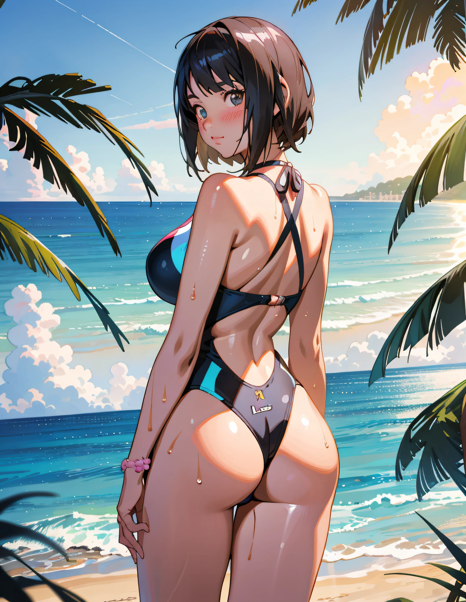 anime girl in a bikini standing on a beach with palm trees, seductive anime girl, is wearing a swimsuit, realistic bikini, in the beach, on a sunny beach, swimsuit, at the beach, smooth anime cg art, beautiful alluring anime woman, wet swimsuit, ilya kuvshinov landscape, ilya kuvshinov. 4 k, on a beach