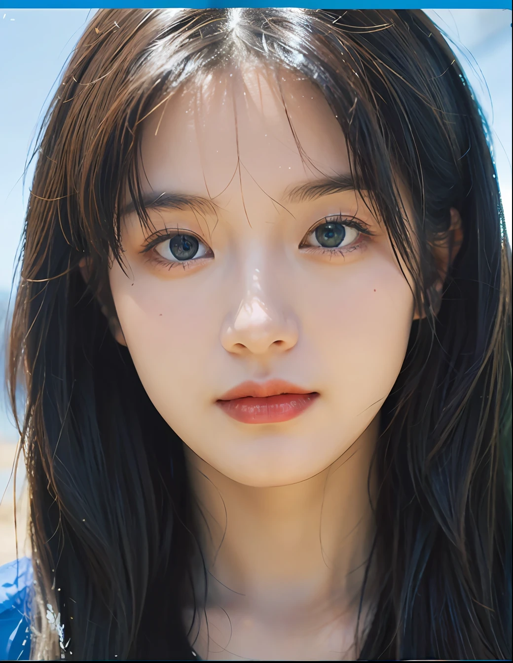 best quality, masterpiece, ultra high res, (film grain:1.4),digital photography, bangs,cinematic lighting,(Fujicolor:1.2) Portraits,
close-ups of faces,Clear pore,1girl, looking at viewer,blue background (photorealistic:1.2)