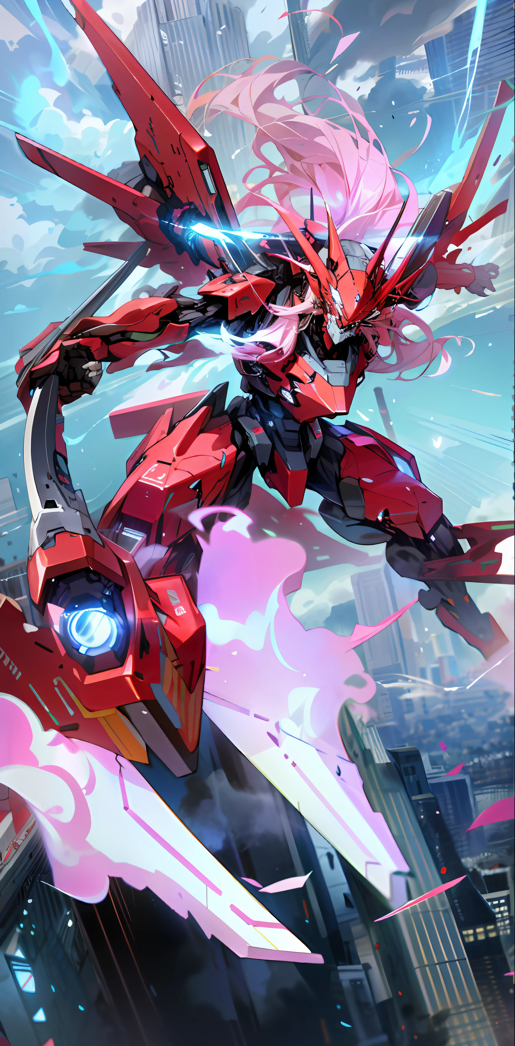 sky, cloud, holding_weapon, no_humans, glowing, , robot, building, glowing_eyes, mecha, science_fiction, city, realistic,mecha