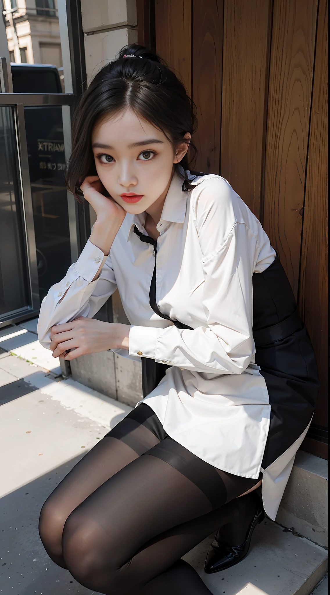 Best Quality, Full Body Portrait, Exquisite Face, Beautiful Face, Big Eyes: 1.1, Makeup: 1.2, 25 Years Old Woman, Slim Body, Small Bust, OL Uniform, Women's White Collar Uniform, Office Uniform, Black Stockings, Outdoor Scene, Stand Posture