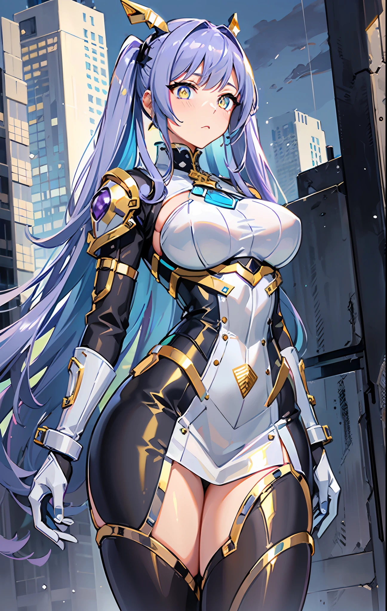 ({best quality}),(Ultra Fine),single girl,alone,19 years old,well_developed curves,curvaceous_body,hourglass_figure,perspective,beautiful_face,high_quality_outfits,futuristic_outfits,silght_blush,full_body,full detail face,protective outfits,Honkai_Impact_art;

(Violet hair:1.5),indigo hair tips,violet (helix-shaped twintails:1.1),two long fin-shaped white hairclips,pointing upwards;(golden eyes:1.8),( white hilted pupils:1.4),cyan holographic one-piece goggle glasses on eyes;one hexagon aqua locket on breast;

Futuristic battlesuit,armored battlesuit,combat ready,covering all body,fitting body curves,white streamlined shoulder guards,black long slender sleeves,white armored arm bracers with cyan streakings,black gloves,white tanktop with aqua trim,black armored corset,two aqua buttons,aqua zipper along corset,white waistband with four gadget holsters,an aqua stripe framing breast,(white scifi armor dress,knee-length hems),(,white and aqua-edged armor tassets),(white pantyhose) with hexagon aqua linings,silver waistband with gadget holsters;silver mechanic boots,heeled boots; White mechanic backpack on back;

Rainy weather,night,stormy sky in background,rainy weather,floating in midair,overlooking city from midair,calm expression,vigilat gaze,stretching hands,standing,looking forwards