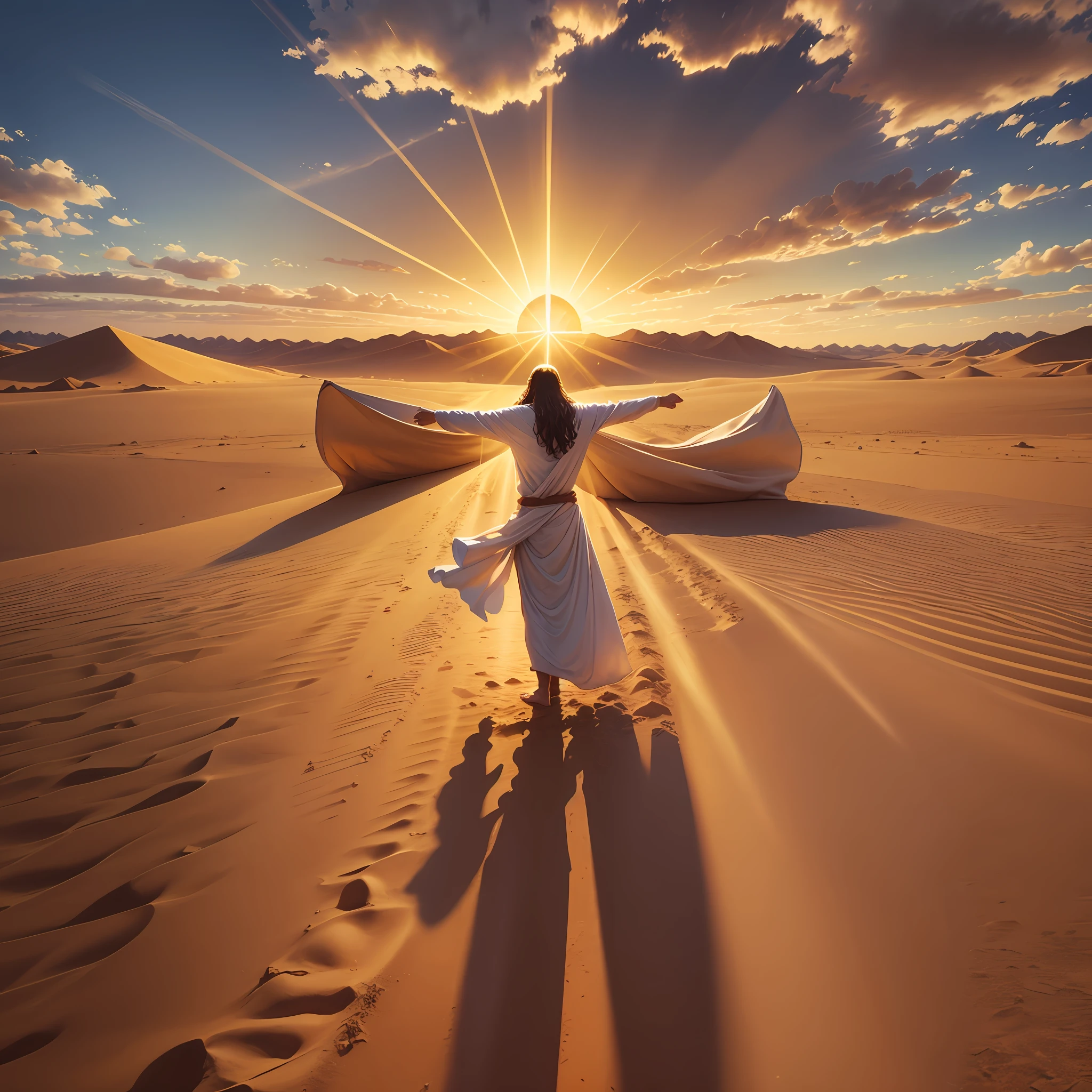 Jesus on a cross in a desert with sand with golden rays of sun --auto --s2