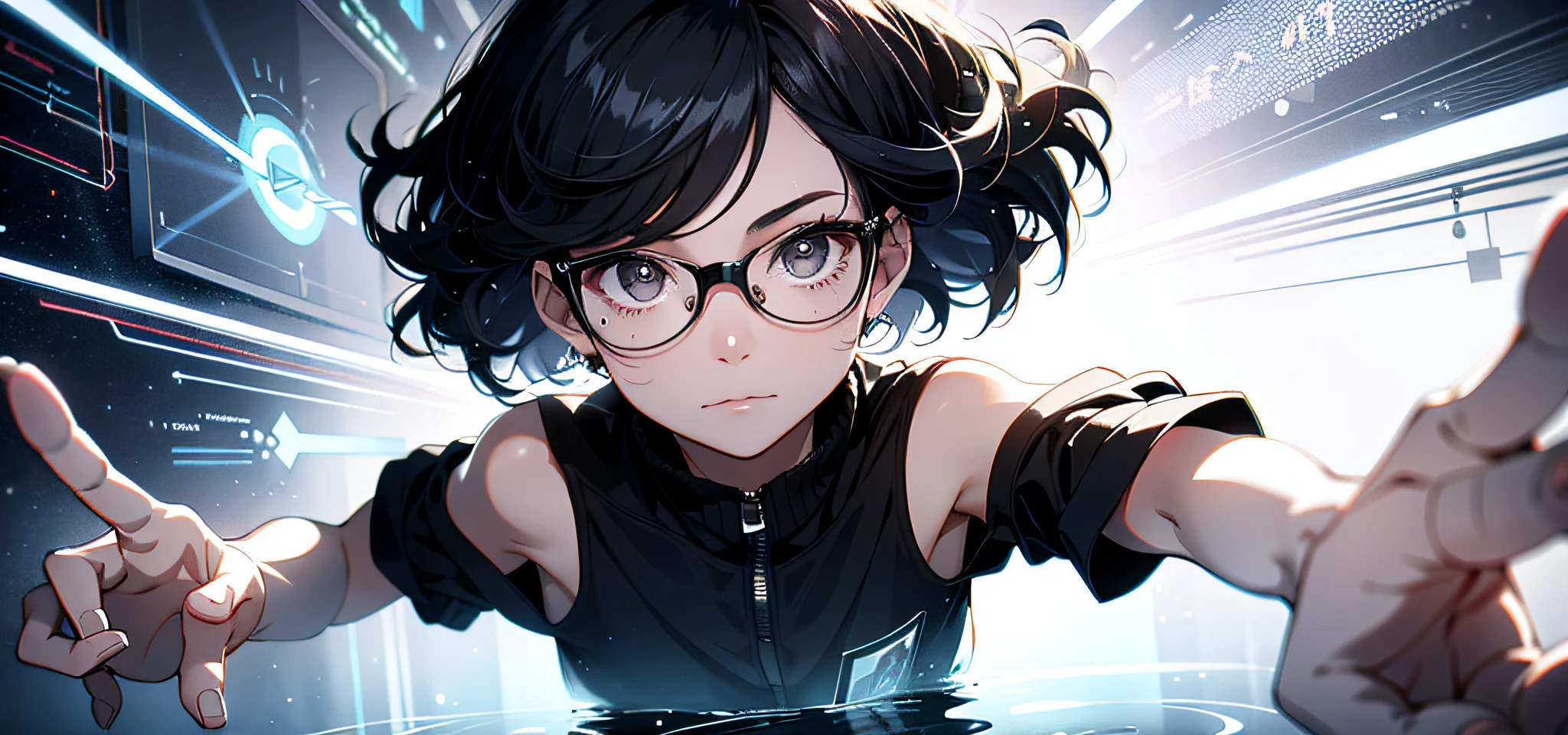 parallel universes, brilliant young scientist, insatiable curiosity, tireless dedication, laboratory, experiments, extraordinary discovery, hidden portal, different realms, 1 girl, black hair, short hair, glasses (dynamic pose:1.3, black eyes, sparkling girl)