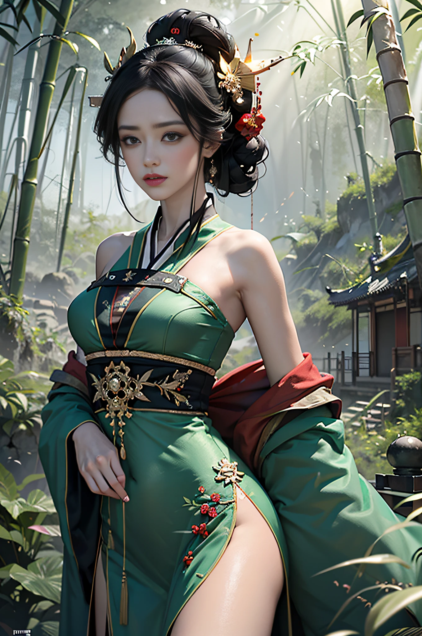 official art, Unity 8k wallpaper, super detailed, beautiful, beautiful, masterpiece, best quality, mystery, romanticism, horror, literature, art, fashion, tang dynasty era, decoration, intricate, embroidery, green hanfu, green tulle, 1 girl, big breasts, black hair, fatalism, bust composition, dramatic composition, movie lighting, dynamic perspective, sexy, bare shoulders, bare thighs, full of temptation, deep in bamboo forest, bamboo forest, bamboo leaves falling, small red flowers, bamboo forest background, cloudy mist, dramatic composition,