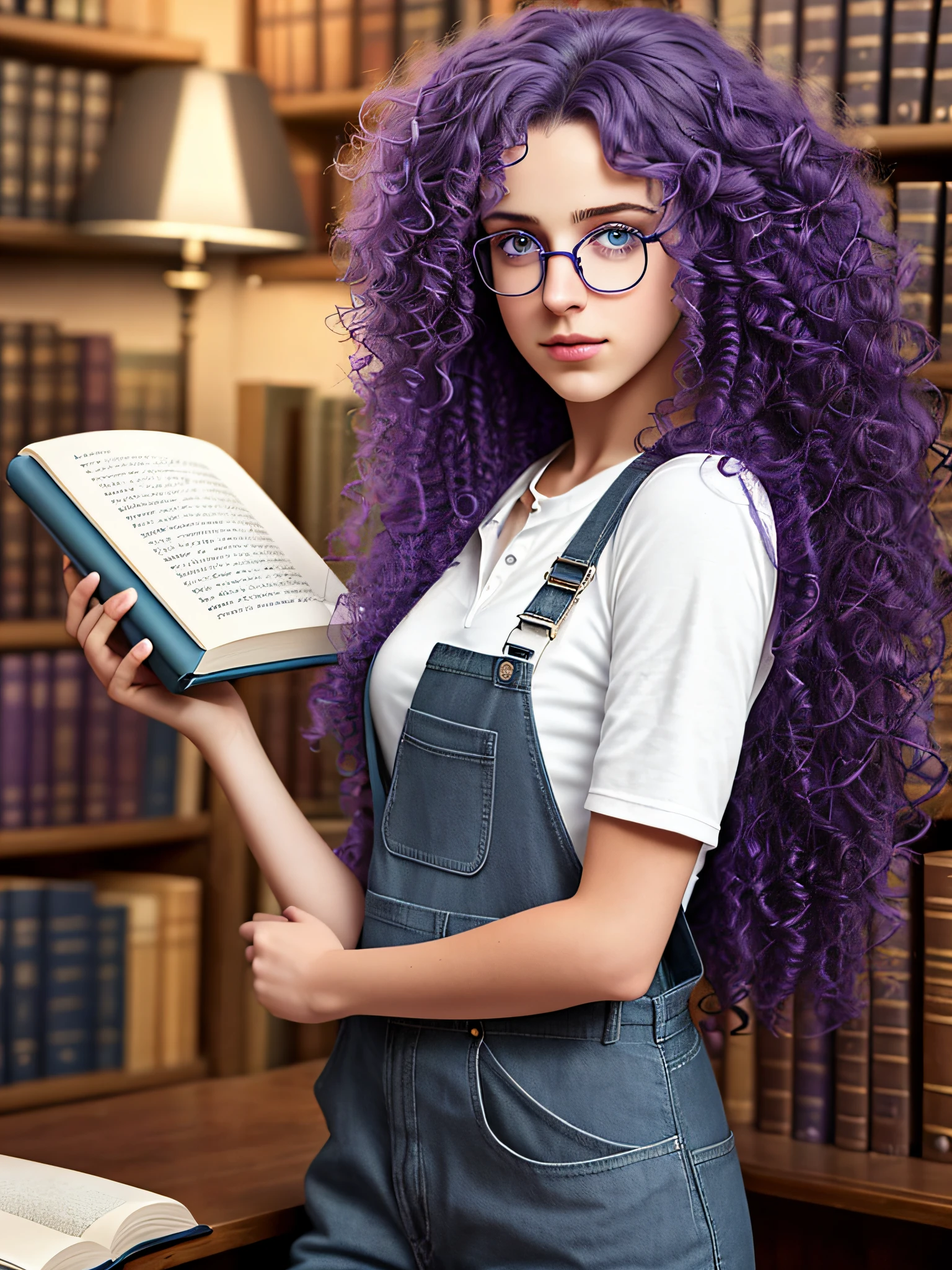 (ultra-realistic, HDR, raw, 8K: 1.1, best quality: 1.2), a beautiful female reader, (black skin 1.2), simple clothes in the style of overalls and sneakers, intricate details, low light scene, [(scene in the library), delicate and beautiful female face with kitten-style glasses, black skin ,(emphasis added),((curly curly hair on the shoulder lture1.3)|( purple hair), blue eyes),  sharp and focused look, (holding a book in his hands): 0.8]